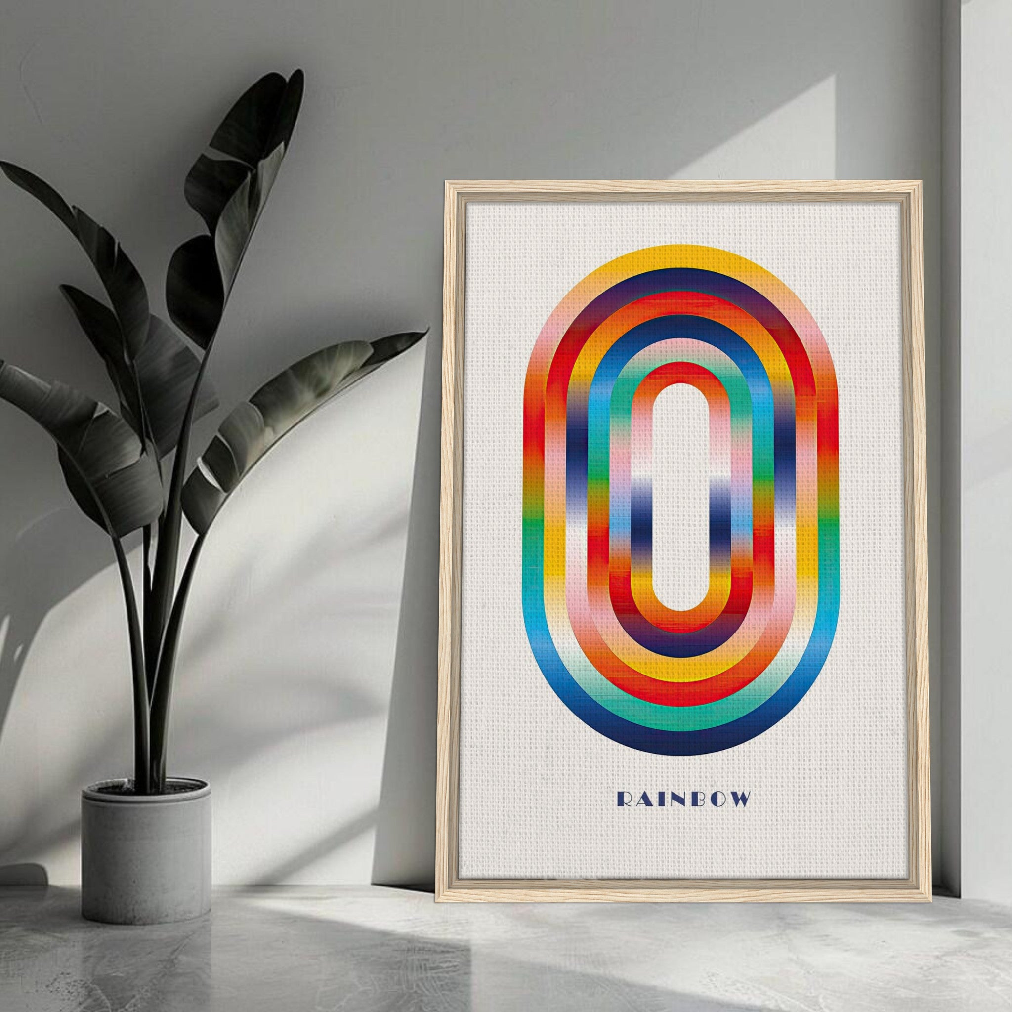 Framed Abstract Rainbow Geometric Art Print featuring vibrant curved layers and modern design.