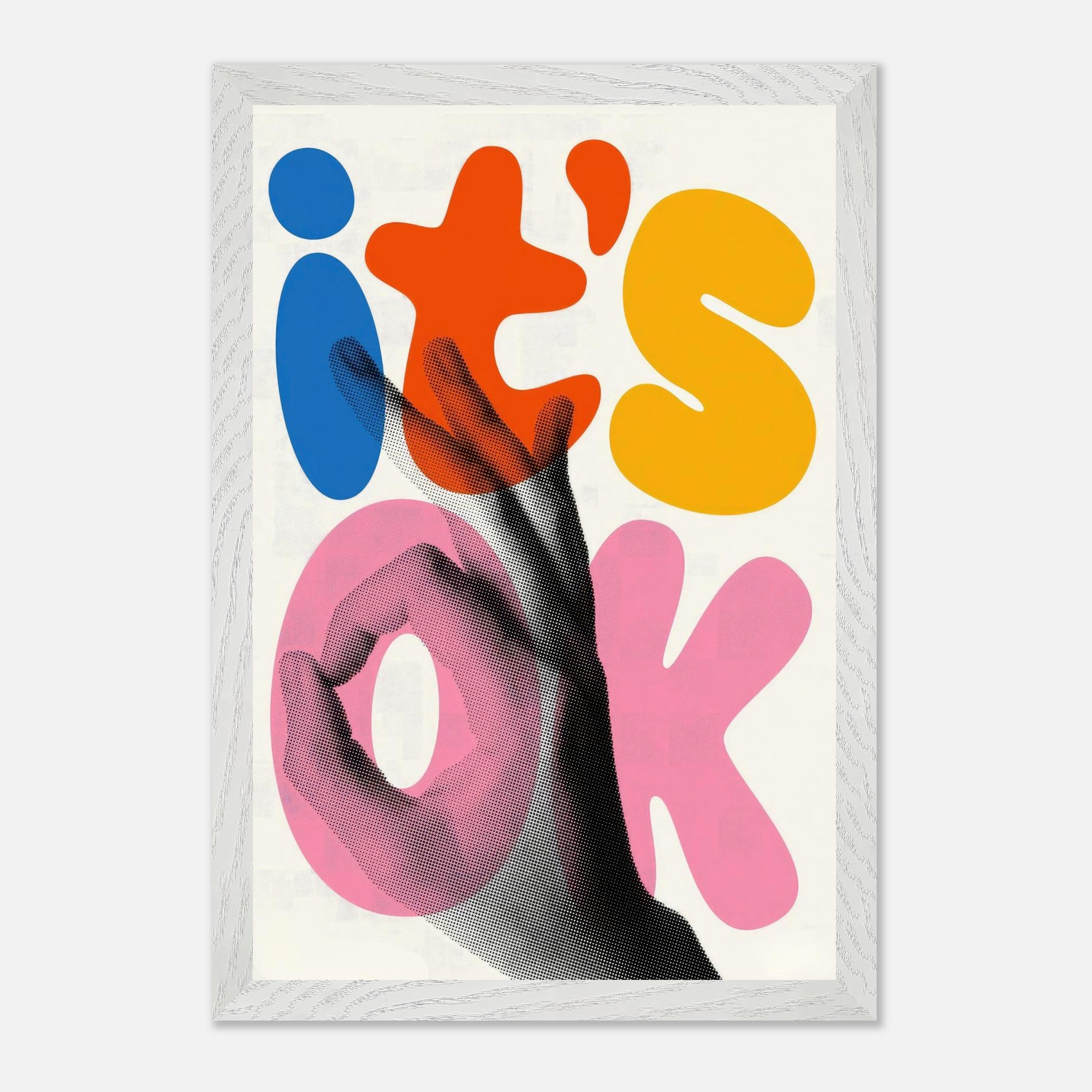 Retro abstract pop art print featuring vibrant typography and a hand gesture expressing positivity.