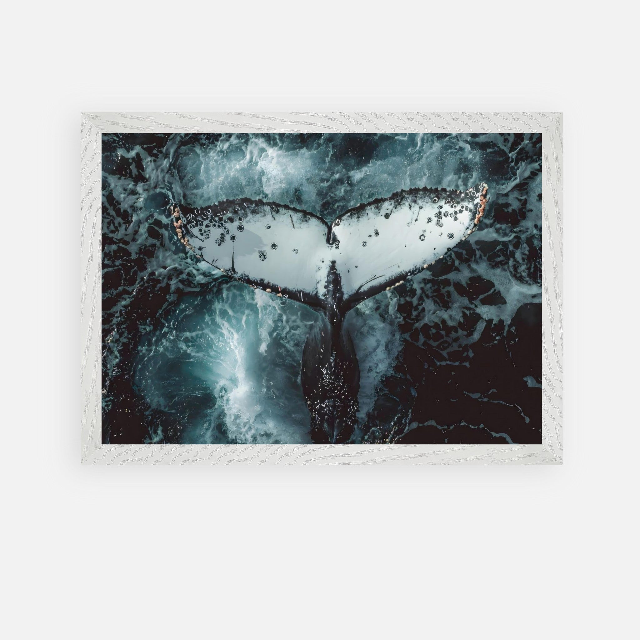 Humpback whale tail breaking through ocean waves in vintage framed art, showcasing intricate details and deep blue waters.