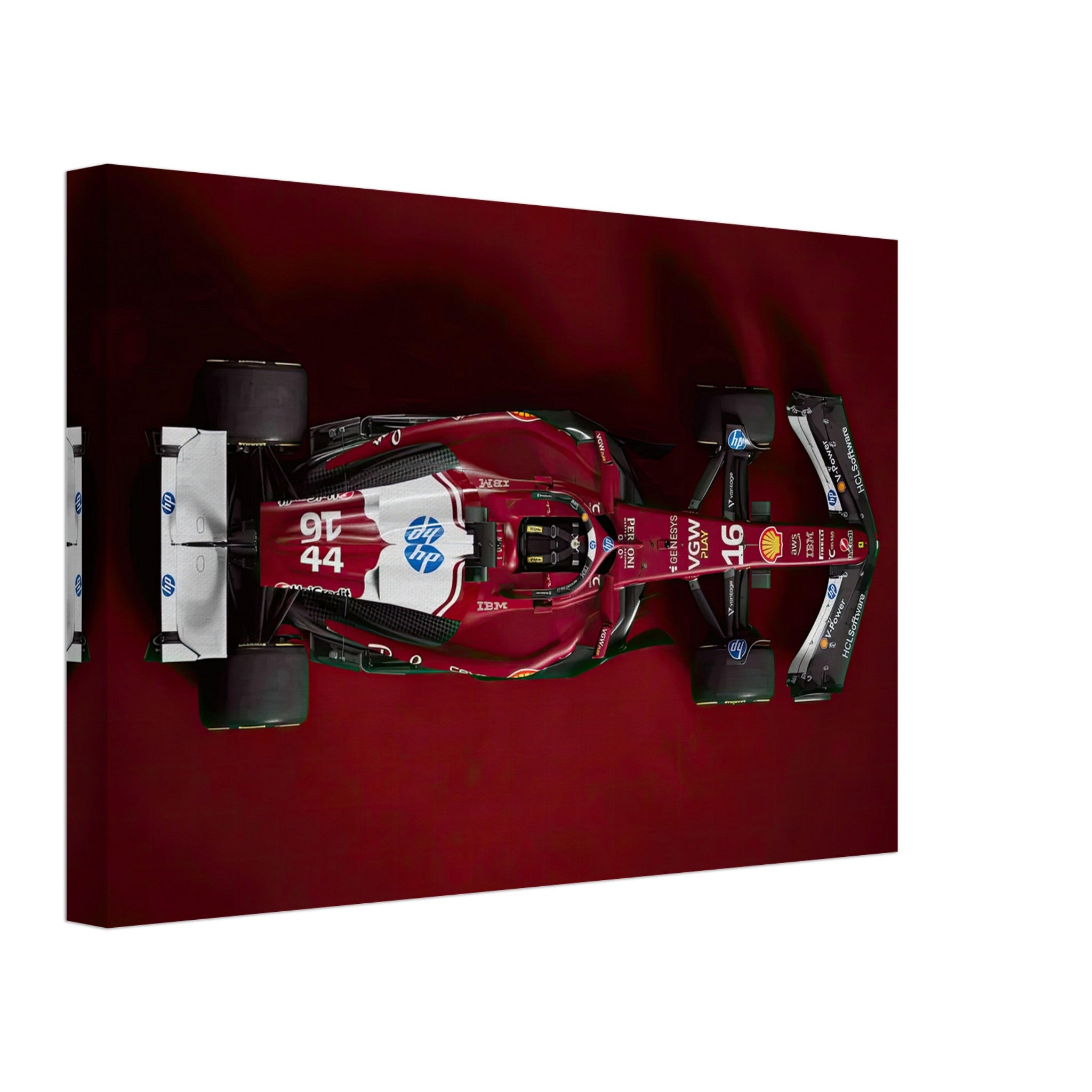 Top view of a Ferrari F1 2025 canvas print showcasing its sleek design and bold red livery.