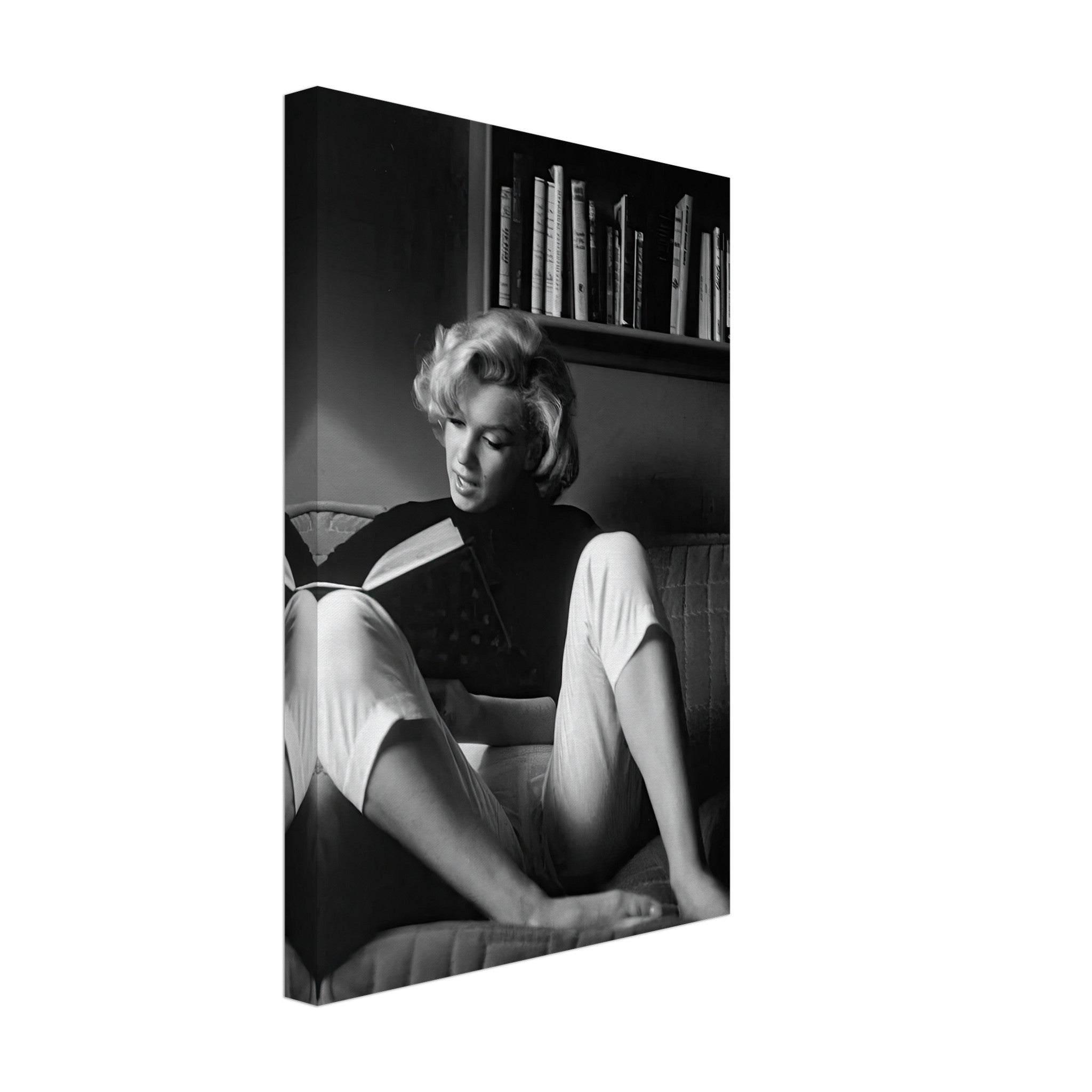 Marilyn Monroe reading at home, elegant black-and-white canvas art piece, timeless Hollywood glamour, intimate moment.