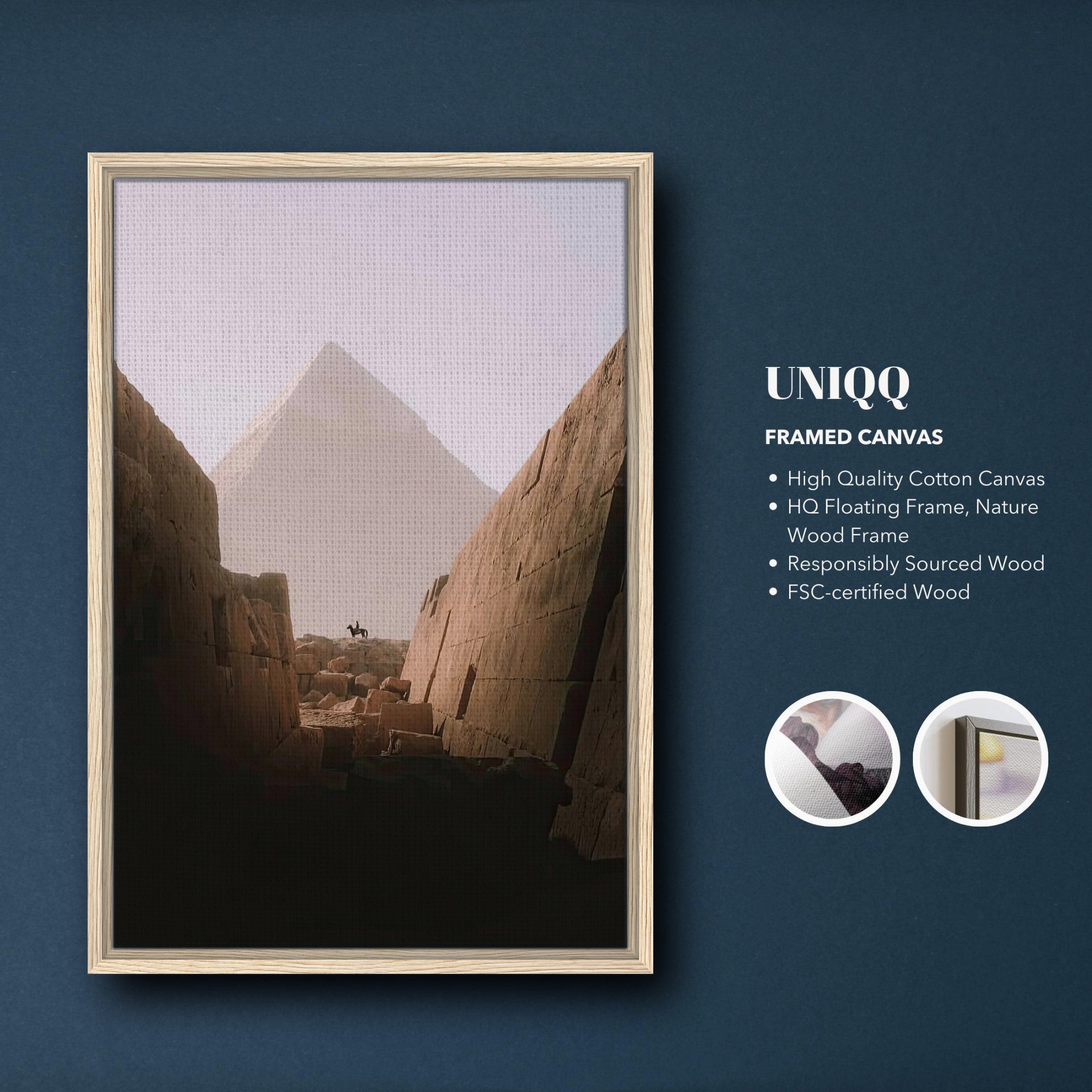 Framed canvas print of a rider and the Great Pyramid of Giza, highlighting ancient beauty and adventure.