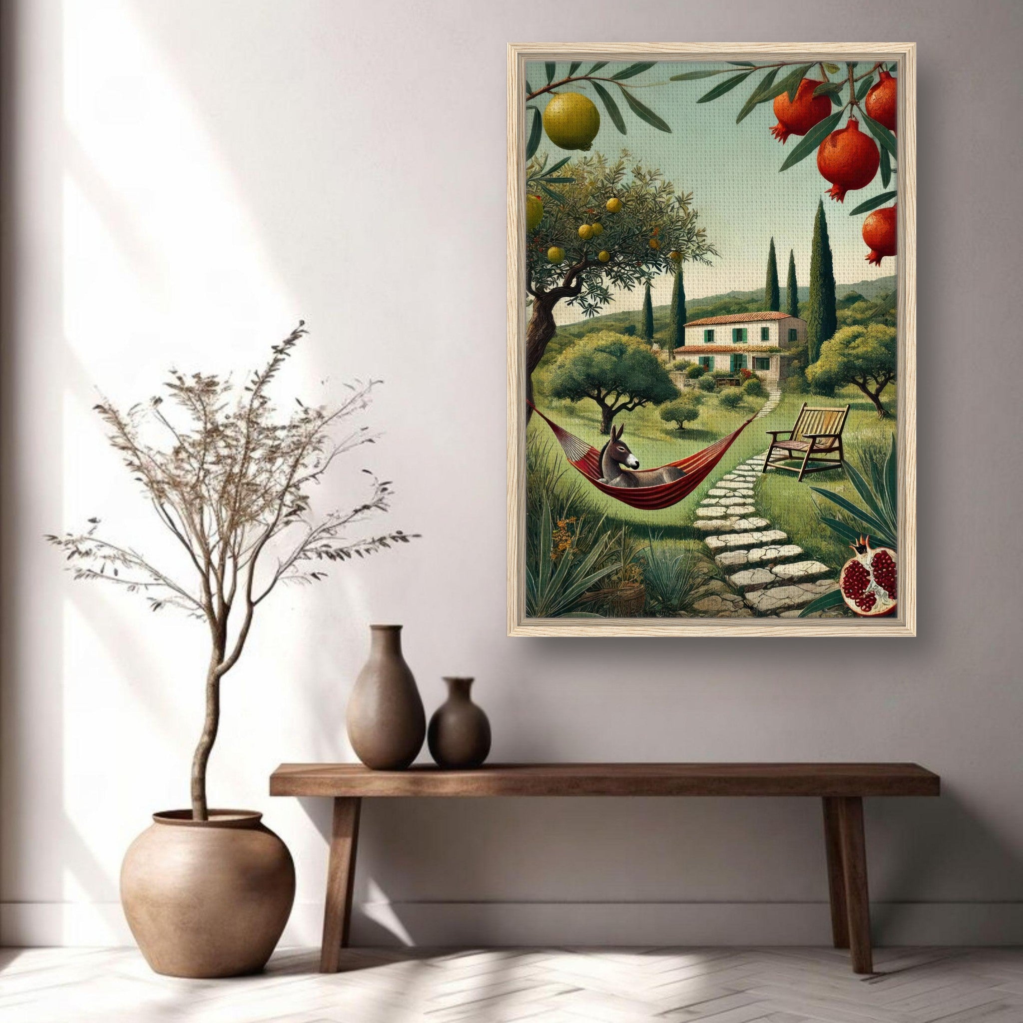 Mediterranean rural landscape framed canvas print featuring olive trees, a hammock, and charming farmhouse decor.