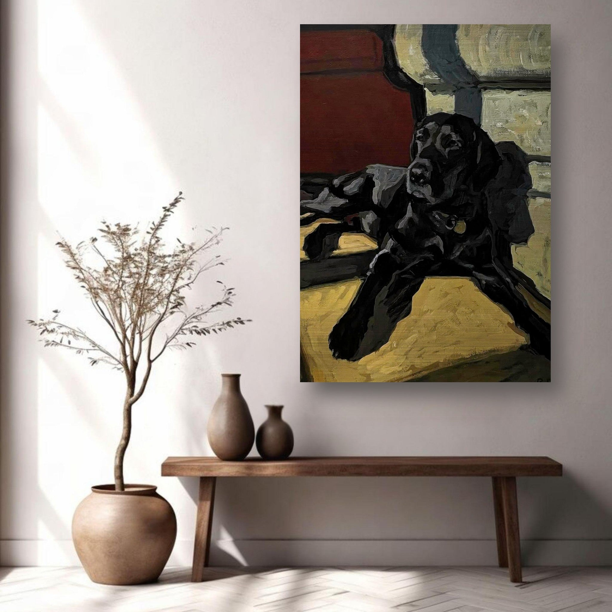 Black Labrador dog painting on brushed metal, enhancing interior decor with elegance and warmth.