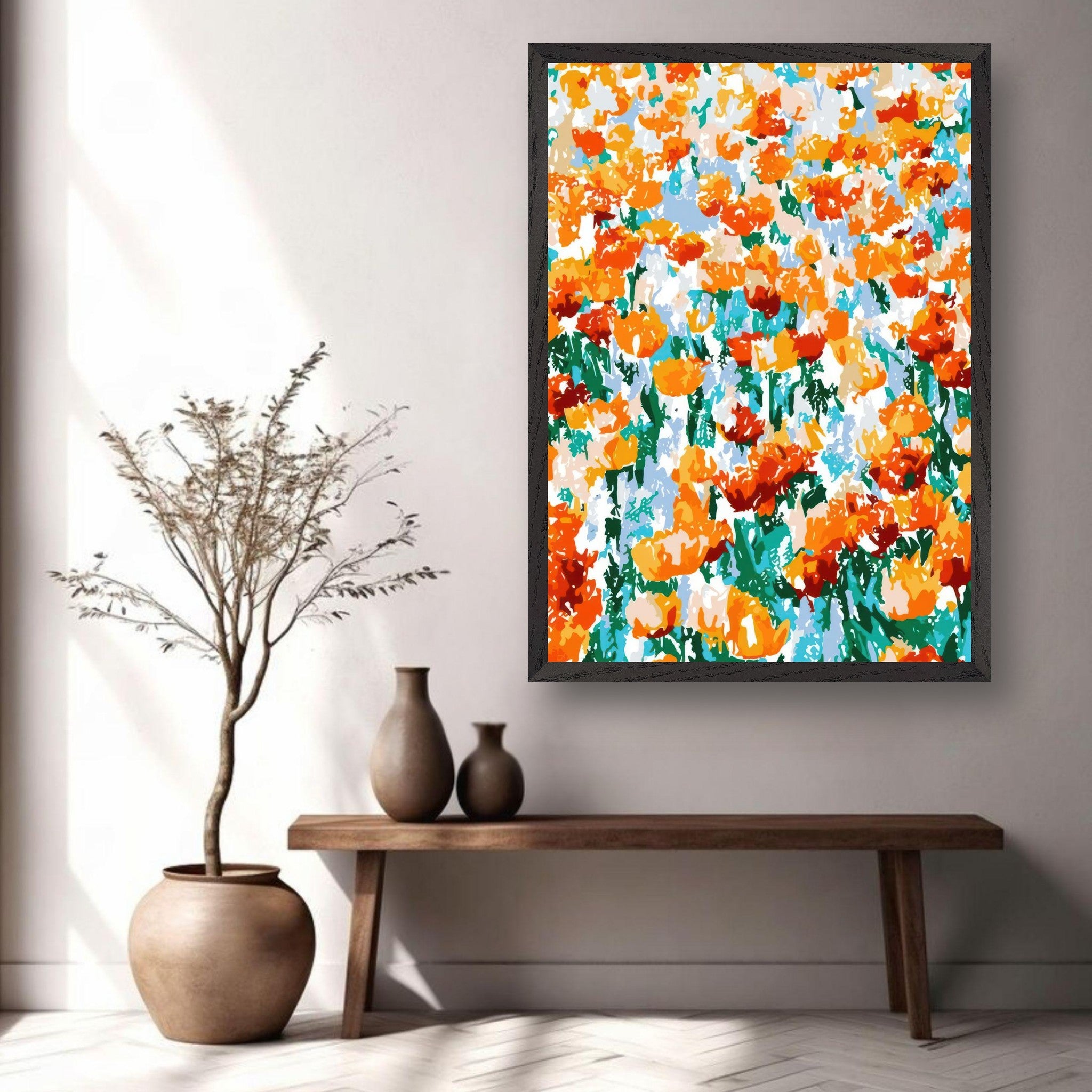 Vibrant abstract floral tulip garden artwork with bold orange hues in a contemporary setting.