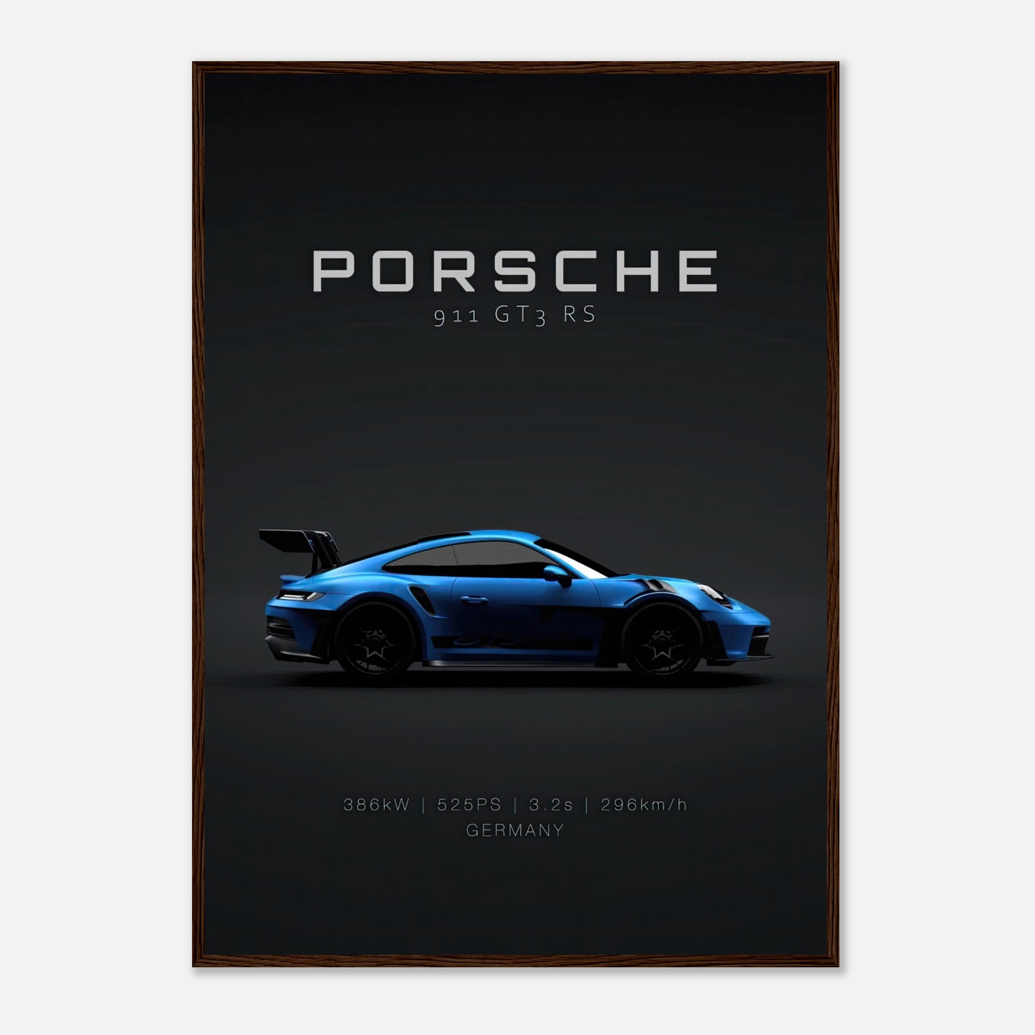 Porsche 911 GT3 RS framed poster featuring a sleek blue sports car on a dark background.