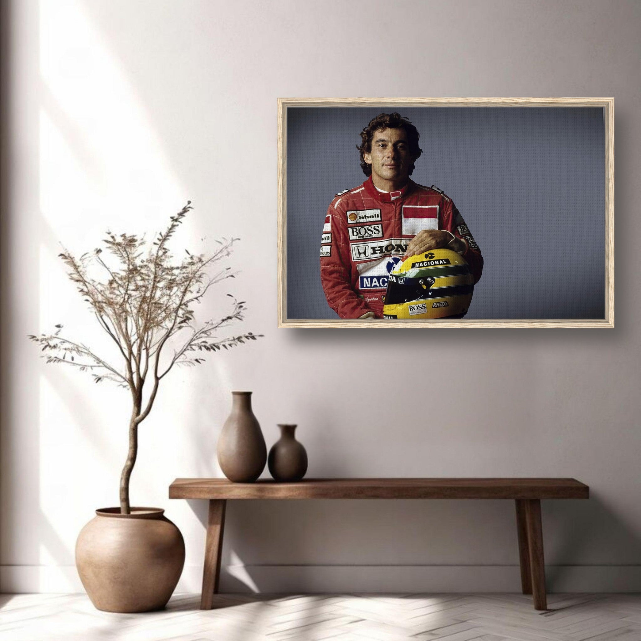 Ayrton Senna framed canvas print displayed in a modern interior setting with plants and decor.