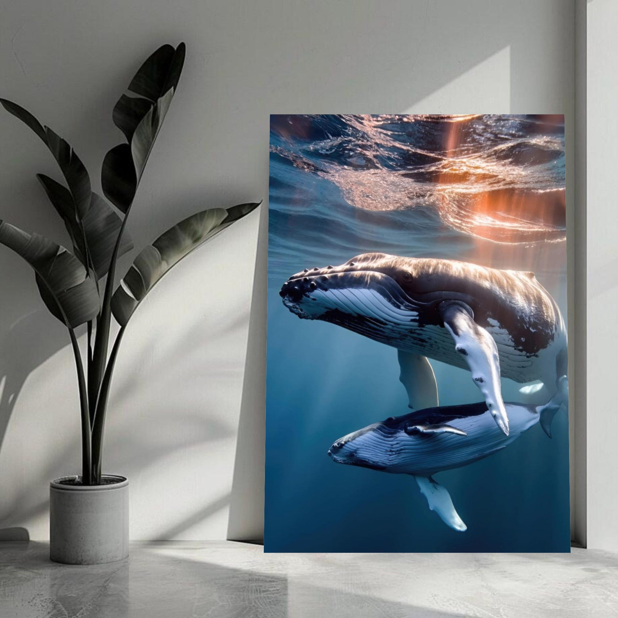 Stunning underwater photography of a mother humpback whale and calf, captured in sunlit ocean waters on metal print.