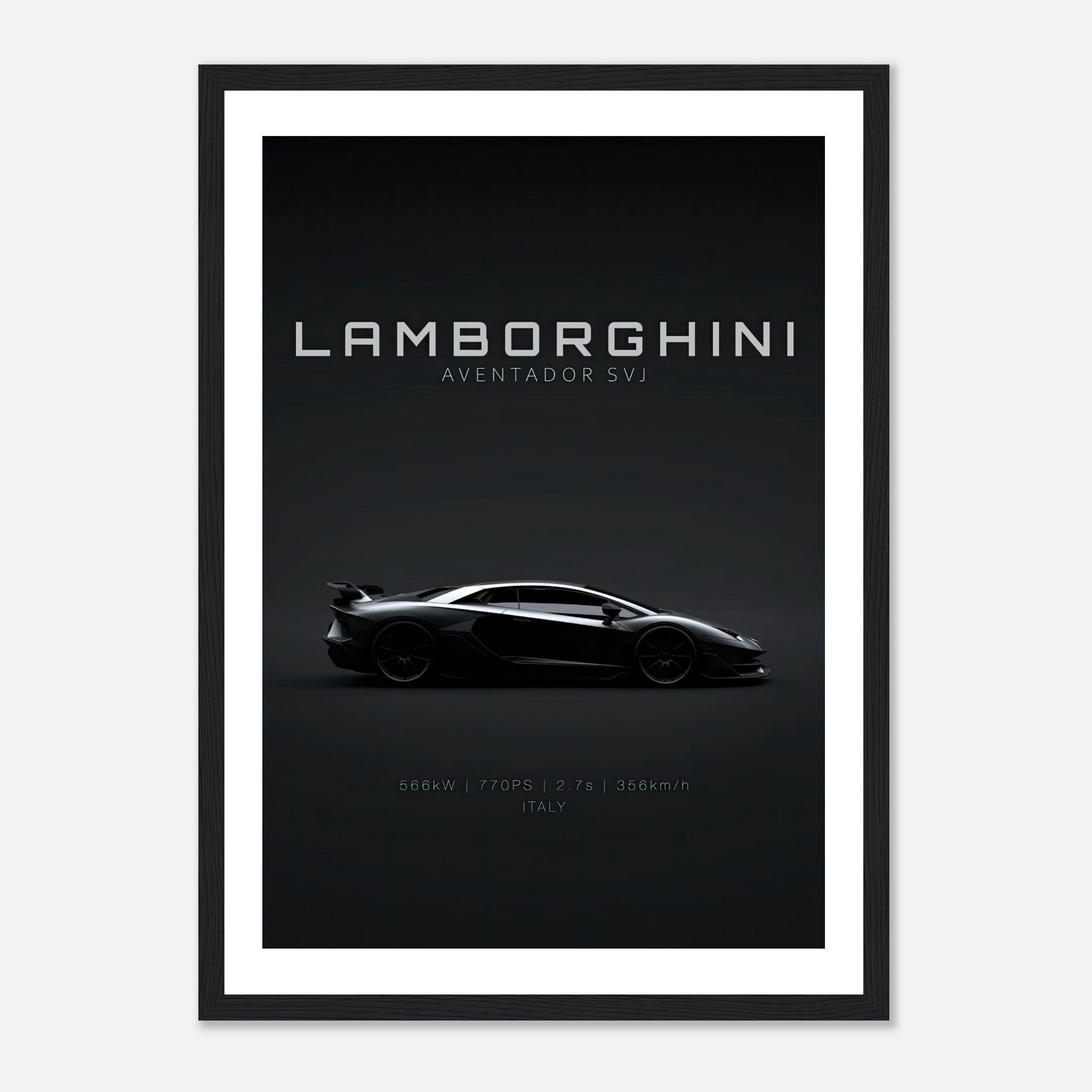 Framed poster of Lamborghini Aventador SVJ showcasing its sleek design and powerful silhouette.