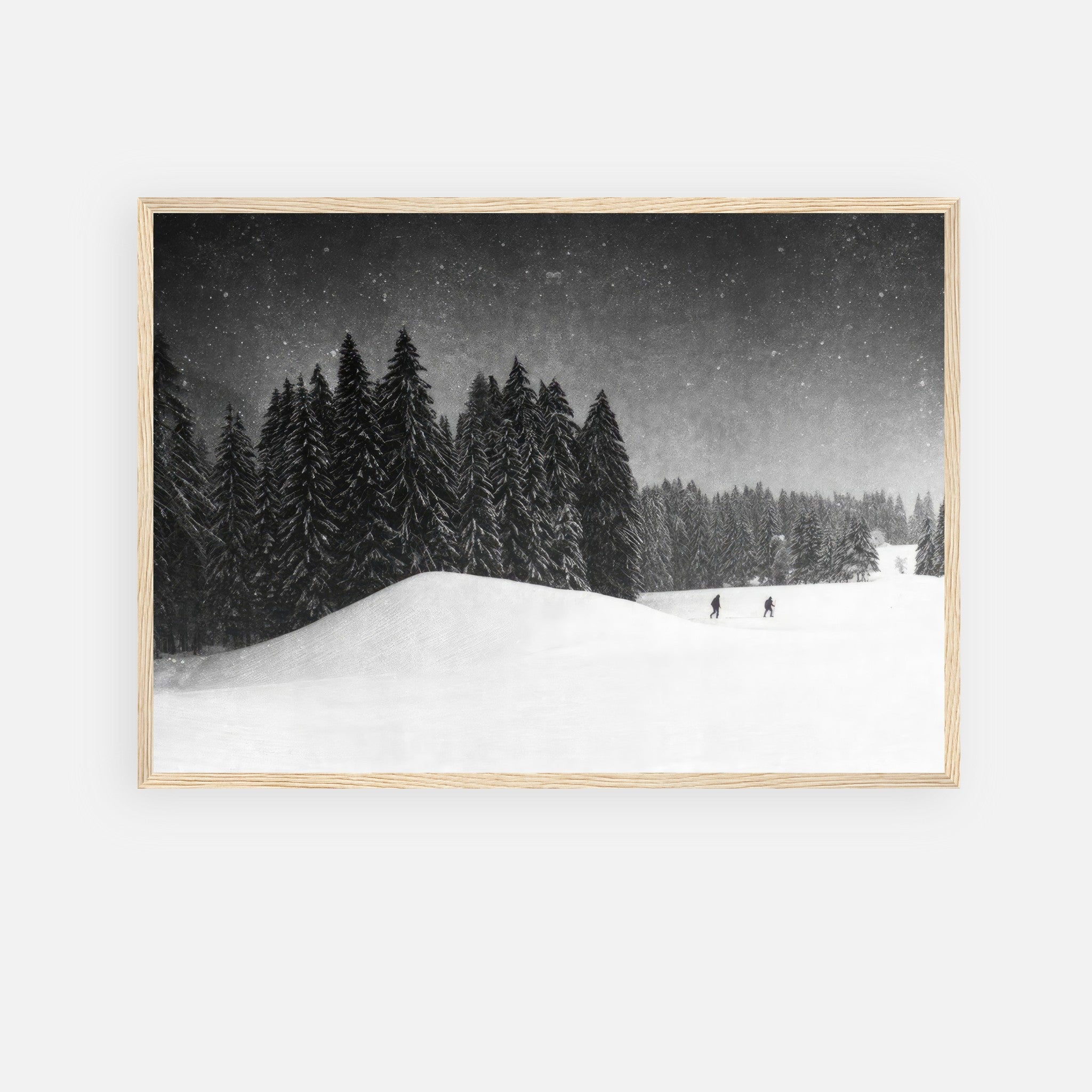 Winter Crossing framed print featuring a serene snow-covered forest with towering evergreens.