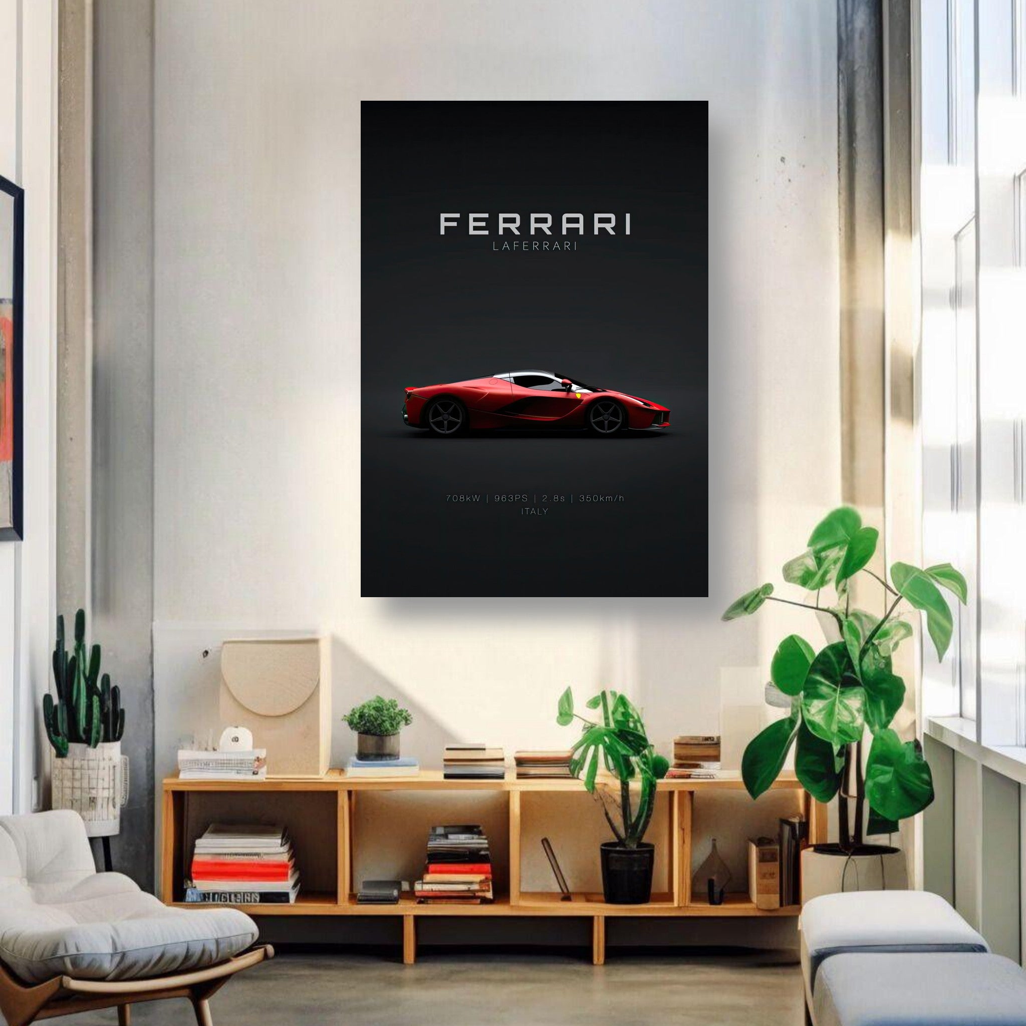 Ferrari Laferrari metal poster in a stylish living room with modern decor and plants.