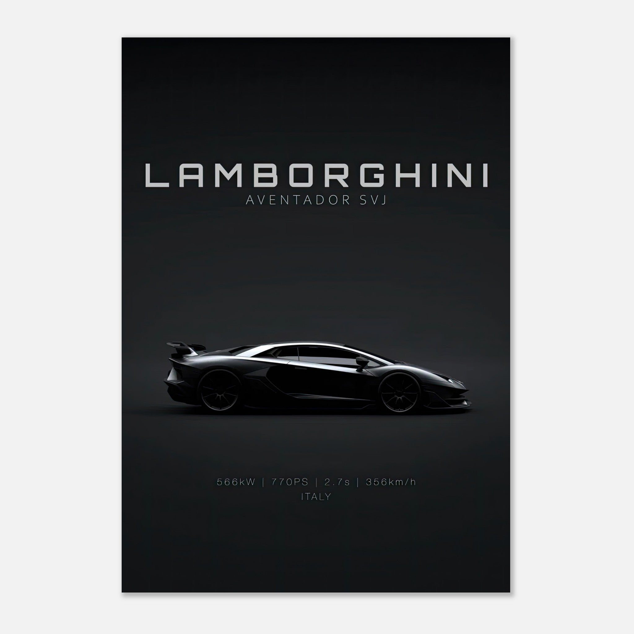Lamborghini Aventador SVJ metal print showcasing its sleek silhouette and powerful design, perfect for car enthusiasts.