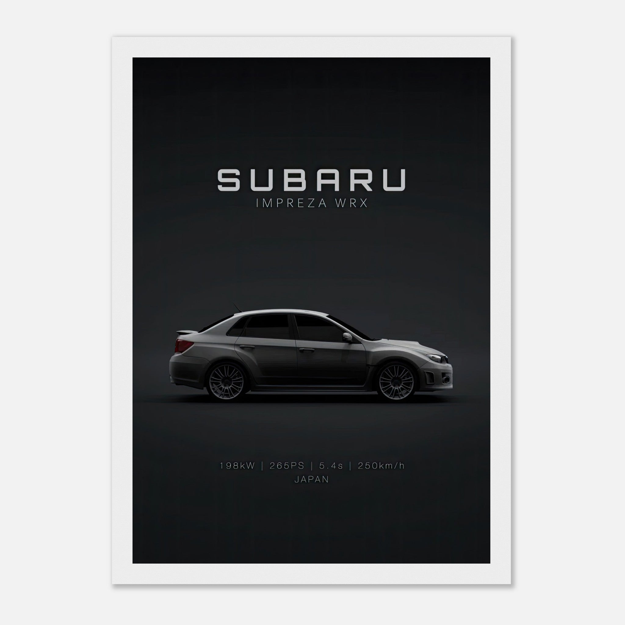 Subaru WRX framed poster showcasing a sleek design with specs on a dark background, perfect for car enthusiasts.