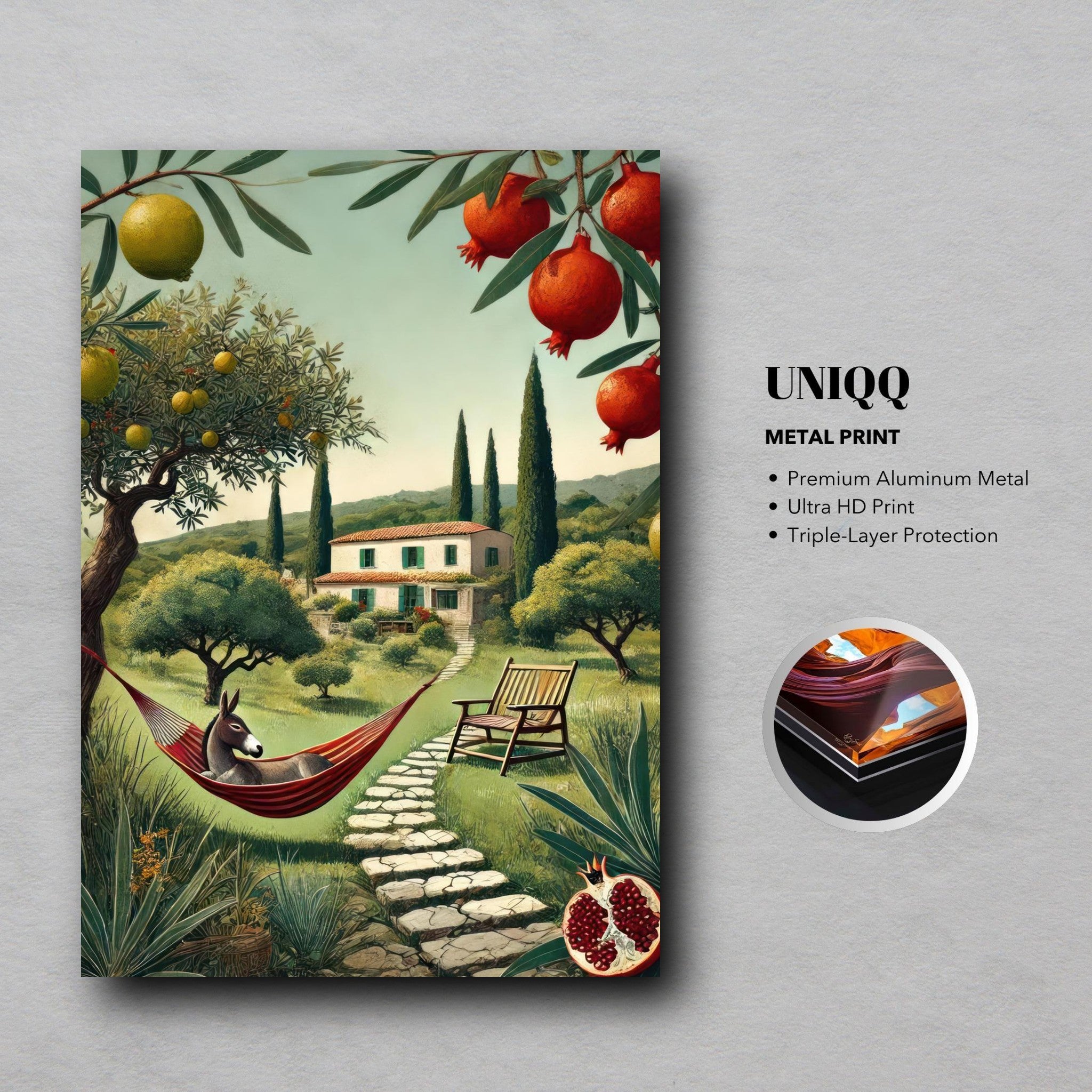 Mediterranean rural landscape metal print featuring a picturesque villa, olive trees, and a hammock.