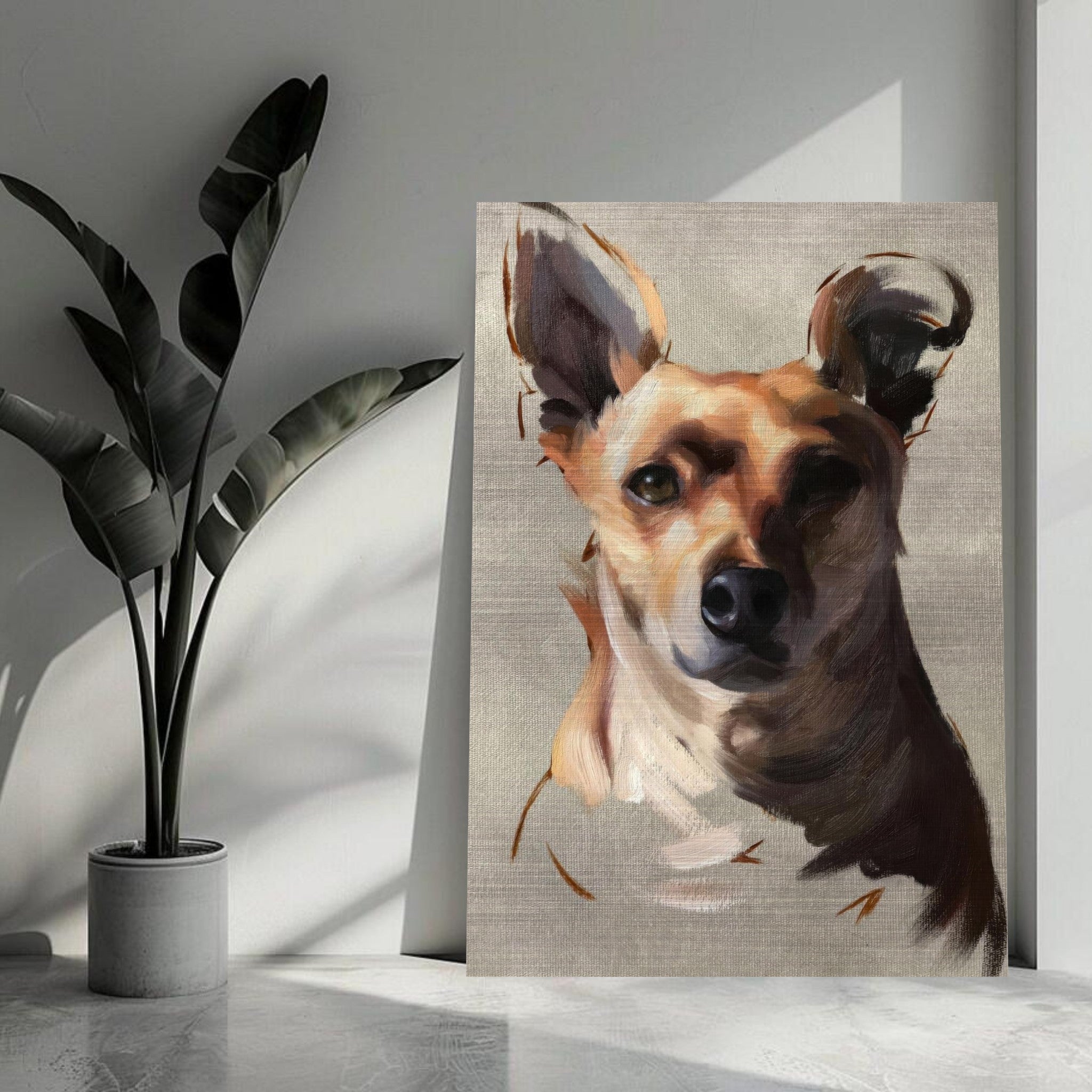 Chihuahua dog painting on brushed metal, showcasing expressive charm and personality in home décor.