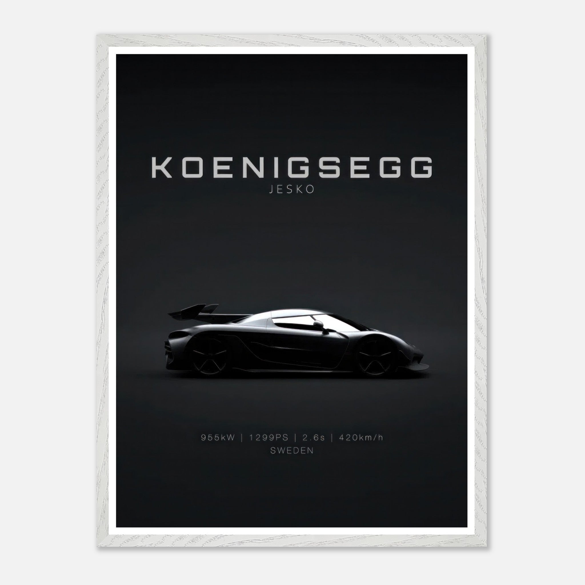 Koenigsegg Jesko vintage framed art featuring sleek car design on a minimalist black background.