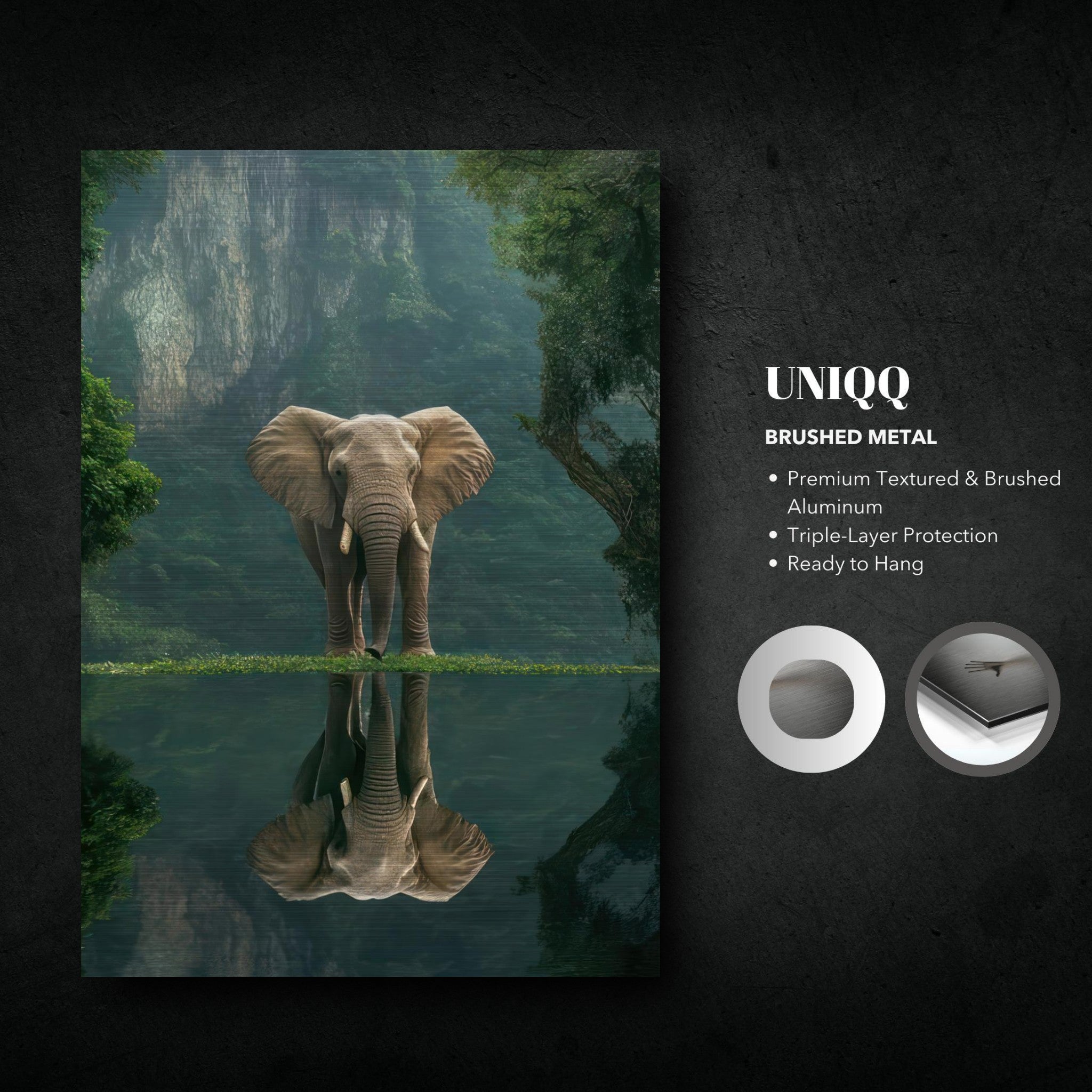 Jungle elephant portrait on brushed metal, showcasing nature's beauty with serene reflections and premium texture.