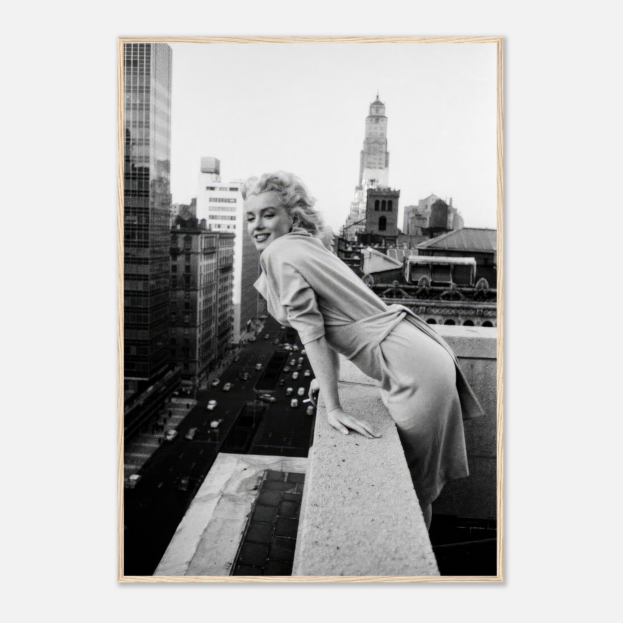 Marilyn Monroe in elegant pose on New York rooftop, black-and-white framed print capturing 1950s glamour and charm.