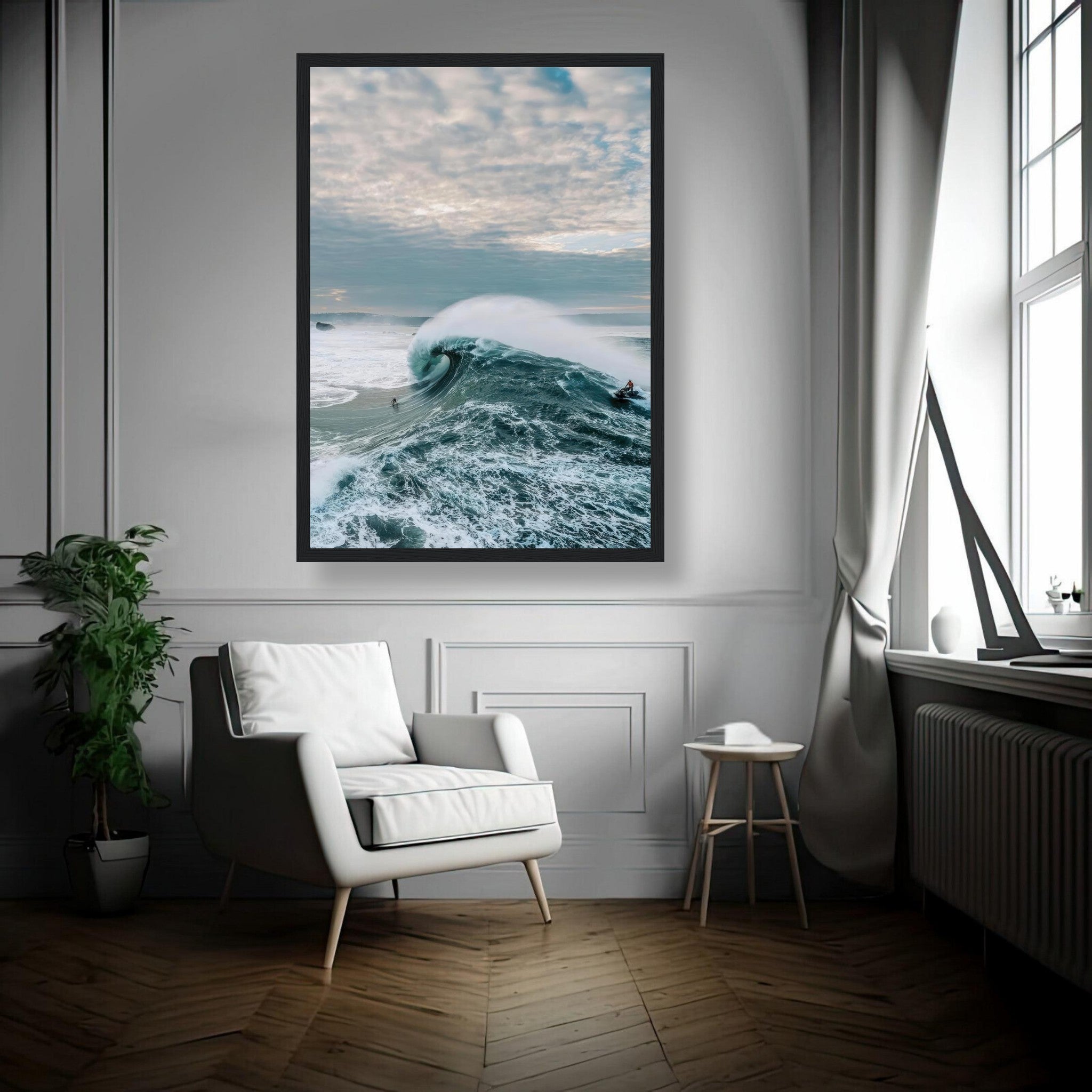 Big Wave Surfing Framed Print featuring a surfer riding a towering wave in a stylish interior setting.