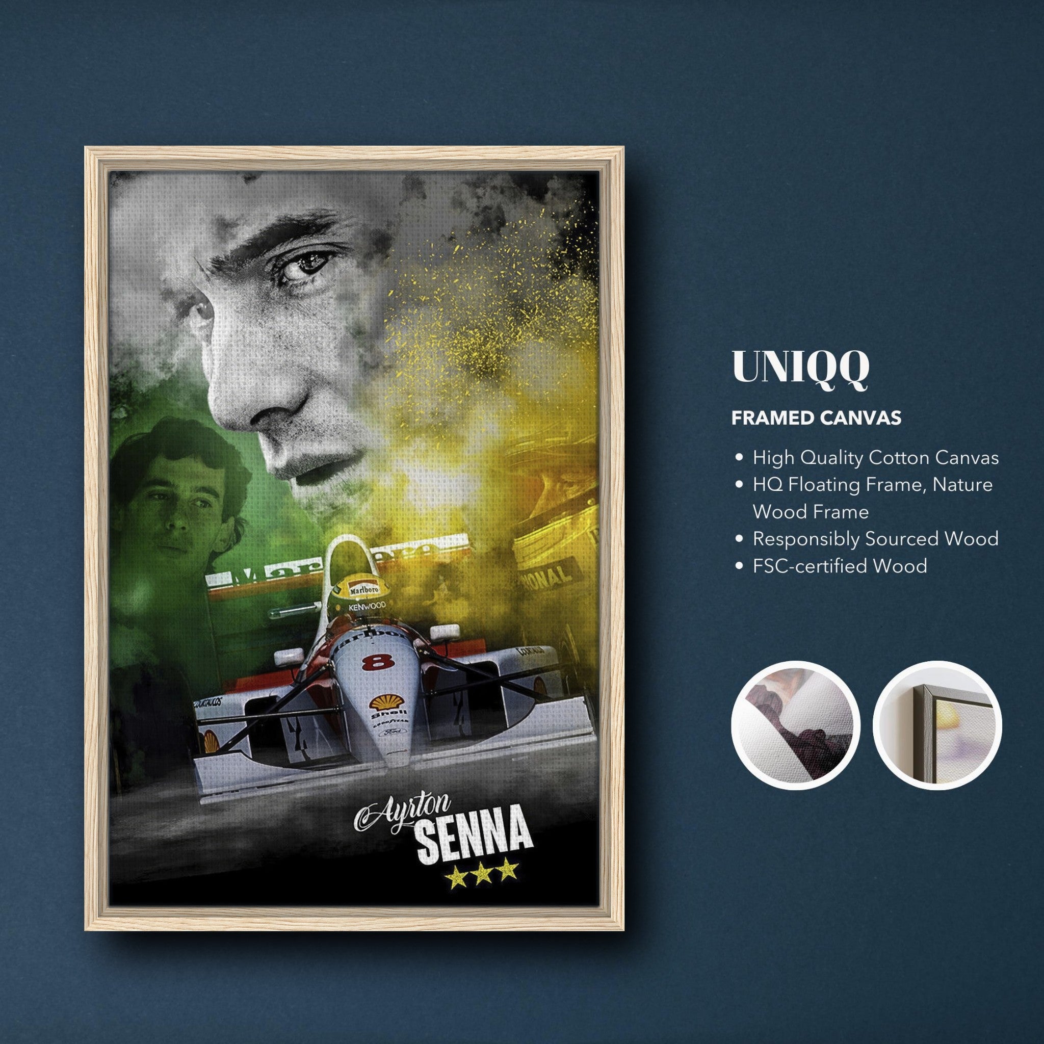 Ayrton Senna framed canvas print featuring vivid design, high-quality cotton canvas, and natural Wood frame.