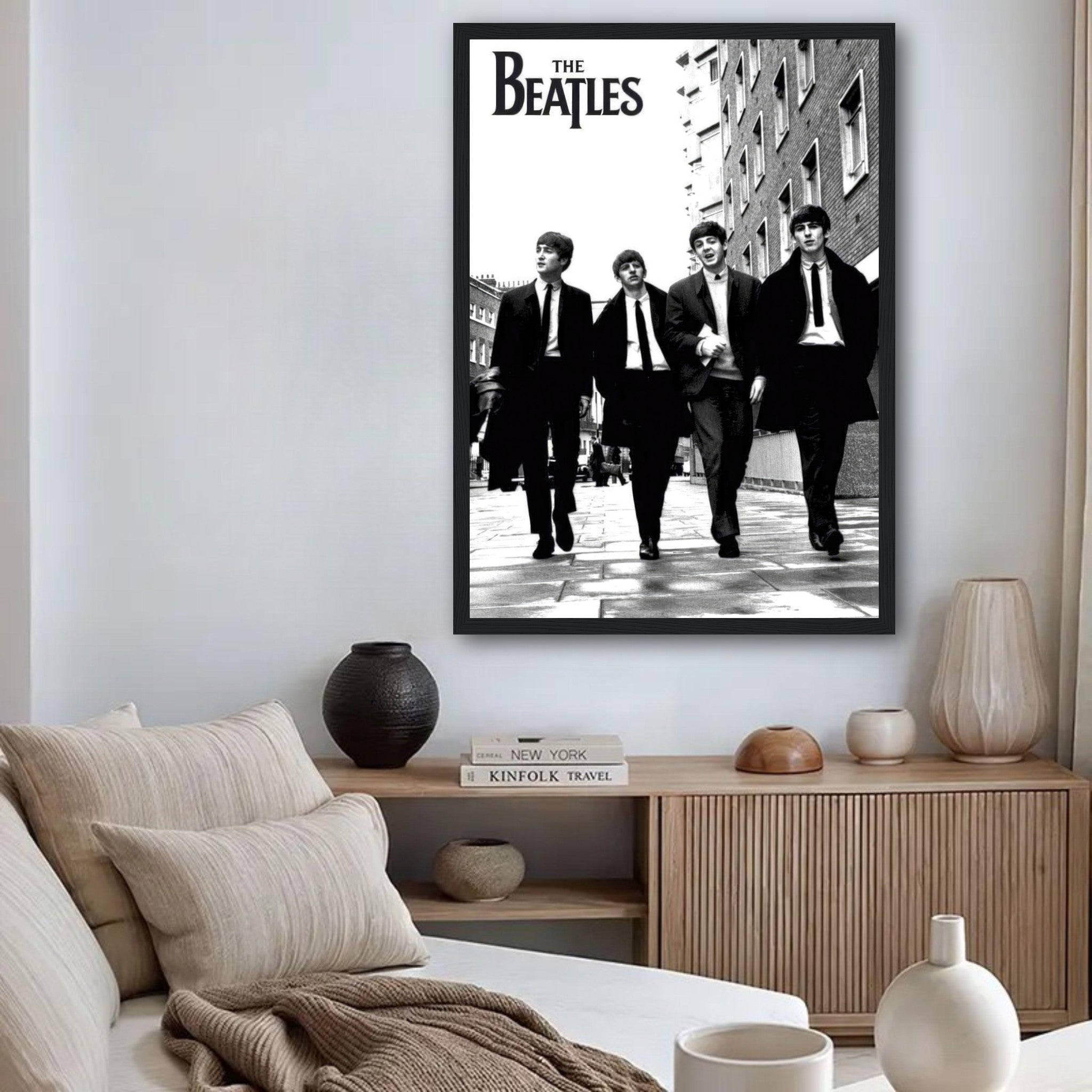 The Beatles framed print, black and white photo of the band walking down the street, home decor art.