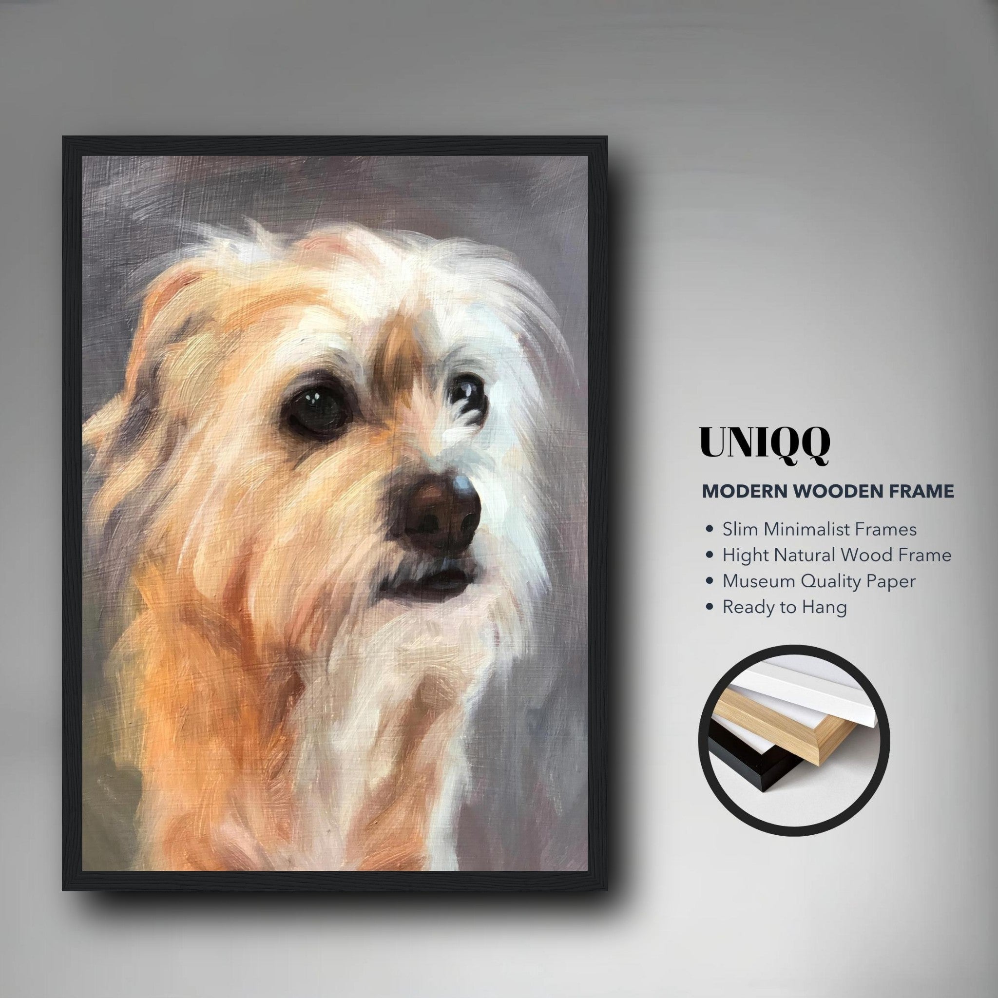 Terrier dog painting in a modern wooden frame, showcasing lifelike details and warm colors.