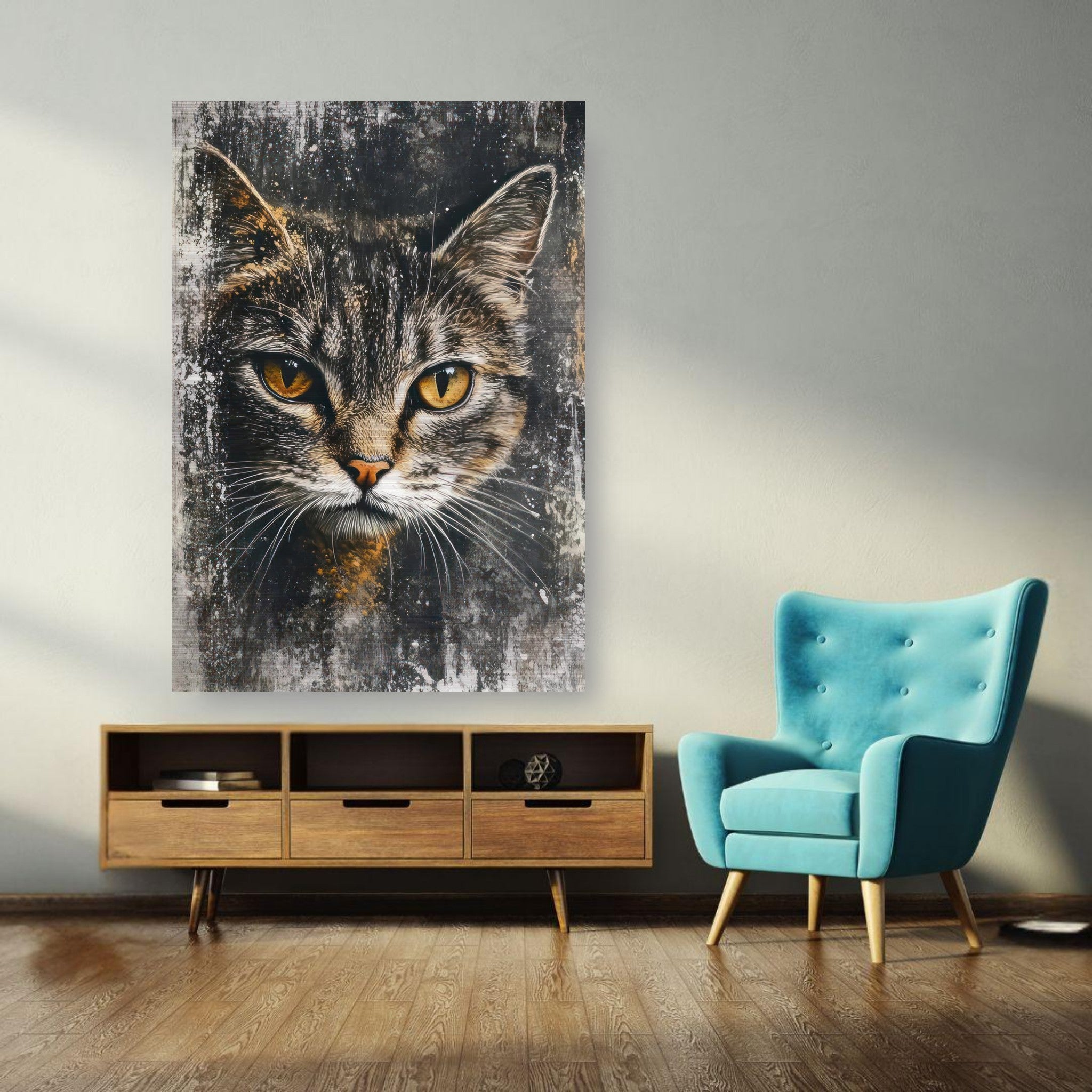 Cat painting on brushed metal, showcasing lifelike details and vibrant colors in a stylish living room setting.