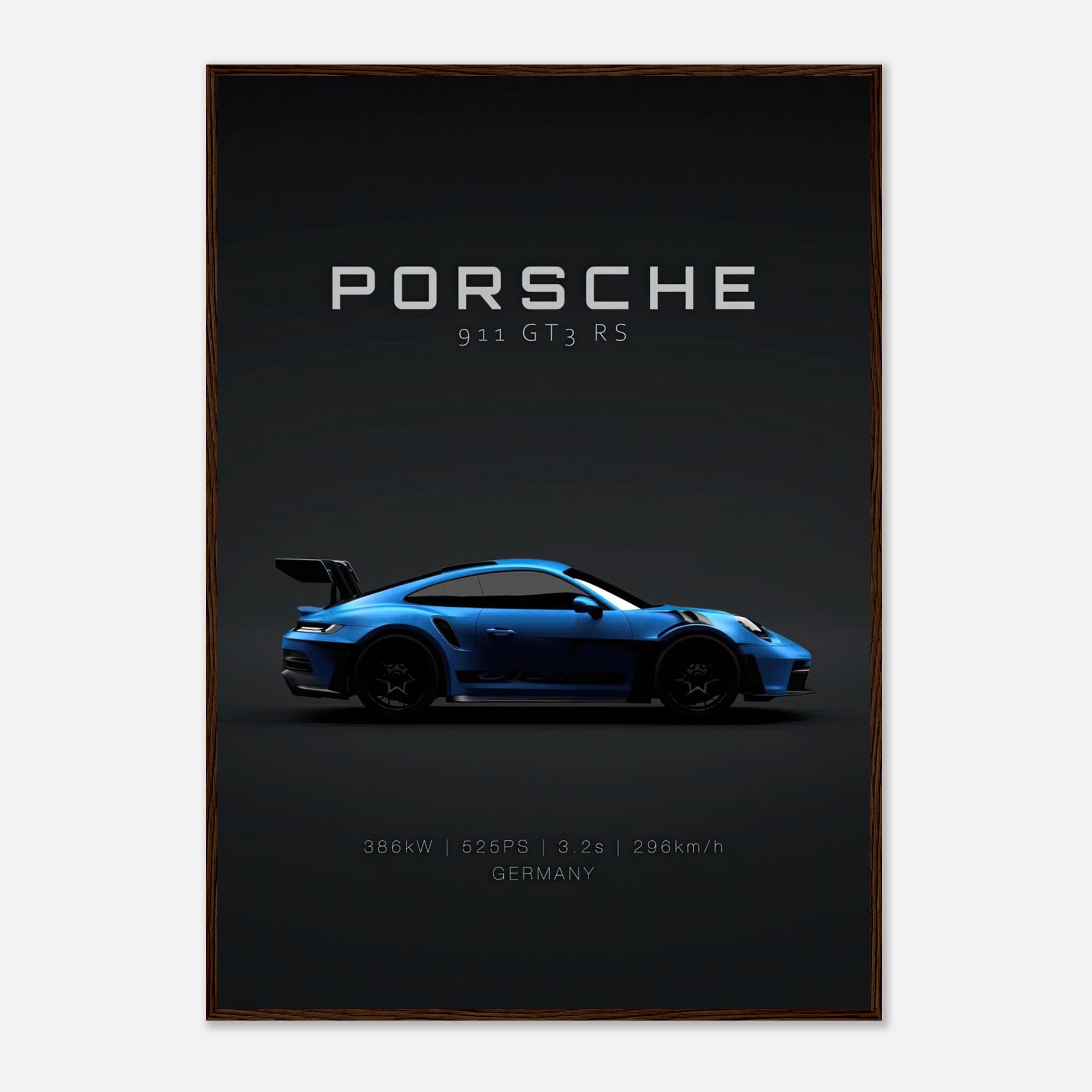 Porsche 911 GT3 RS framed poster showcasing sleek blue sports car profile against dark background.