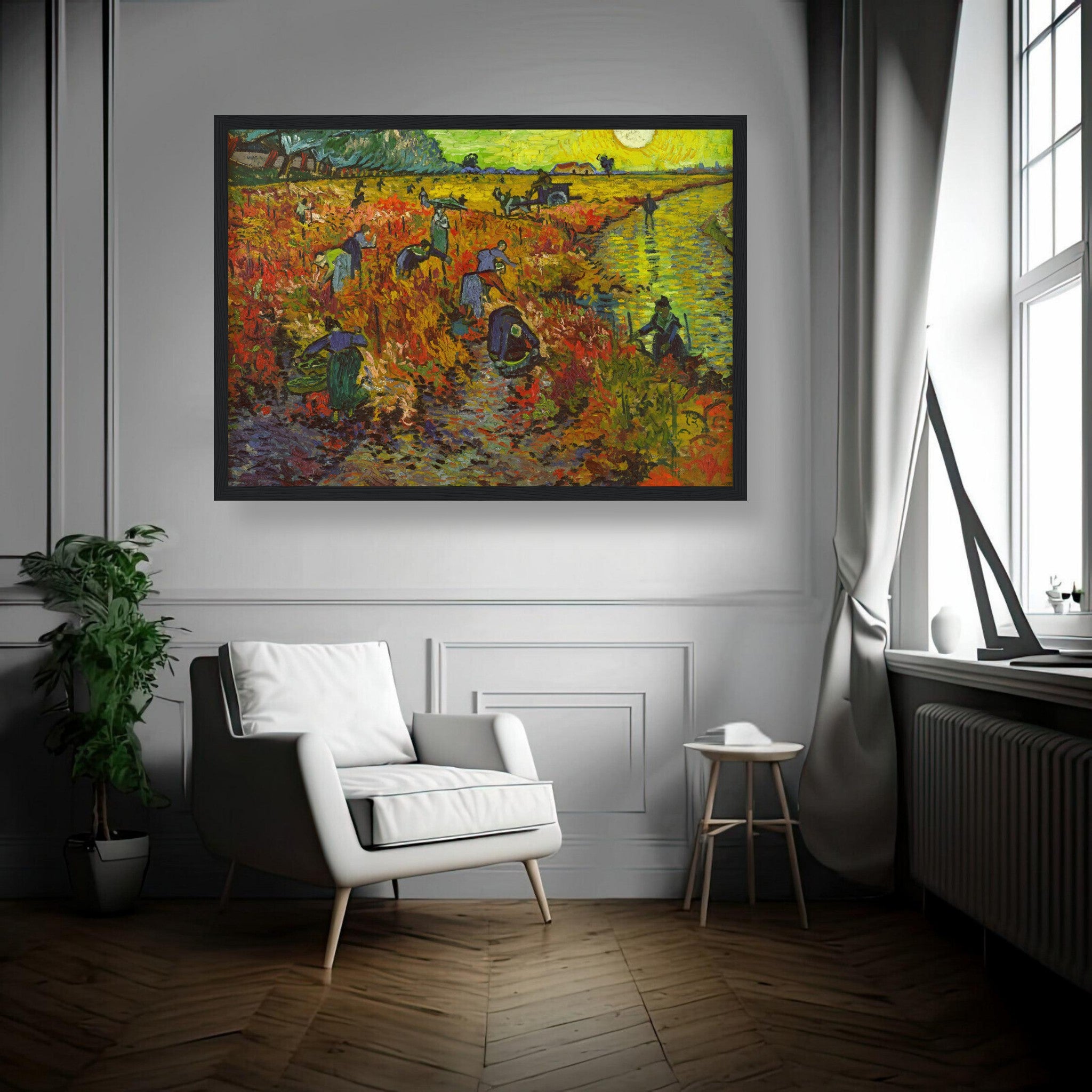 Framed print of Van Gogh's The Red Vineyard, showcasing vibrant autumn colors and harvest scene in a stylish home setting.