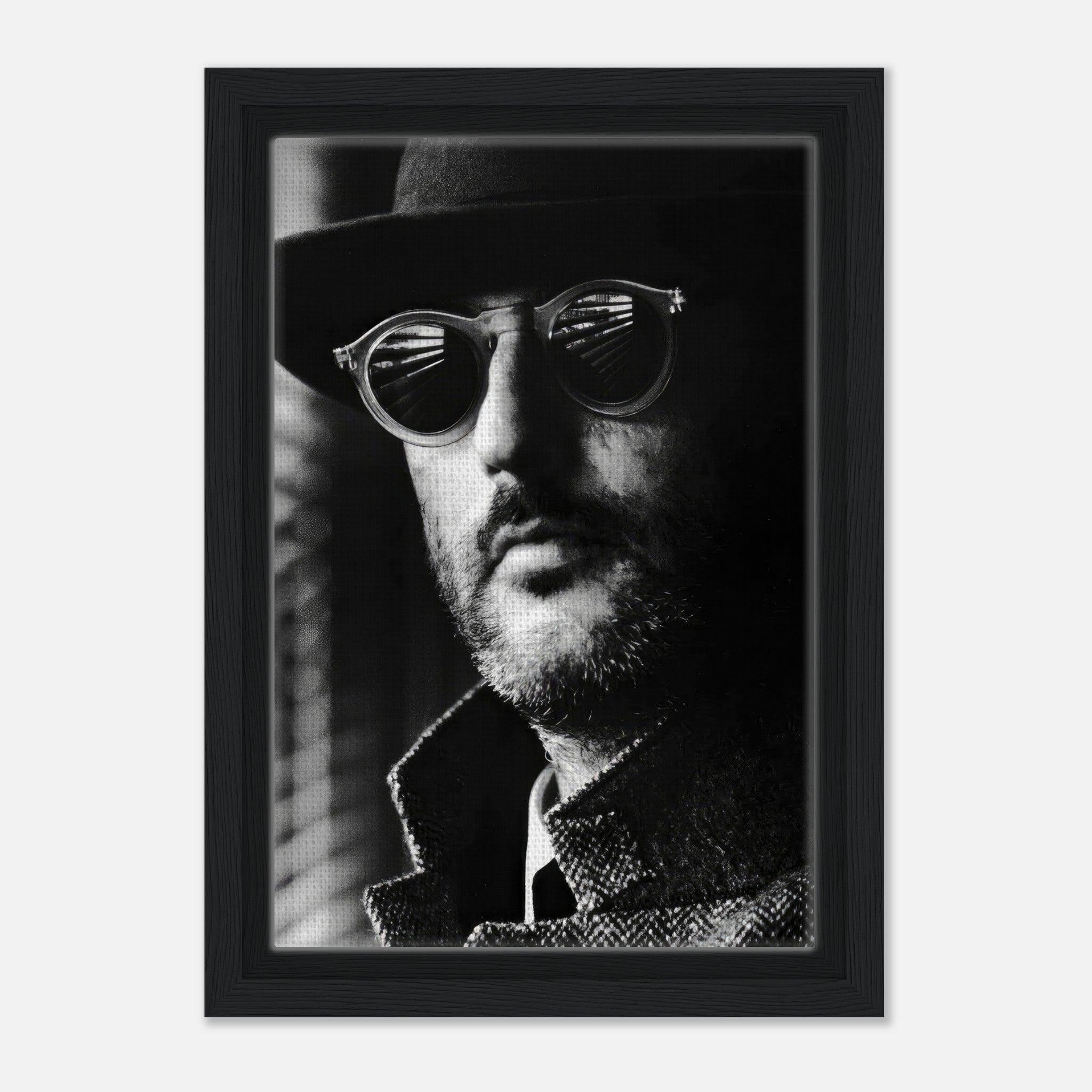 Framed black-and-white canvas print of Jean Reno in sunglasses, showcasing cinematic artistry and sophistication.