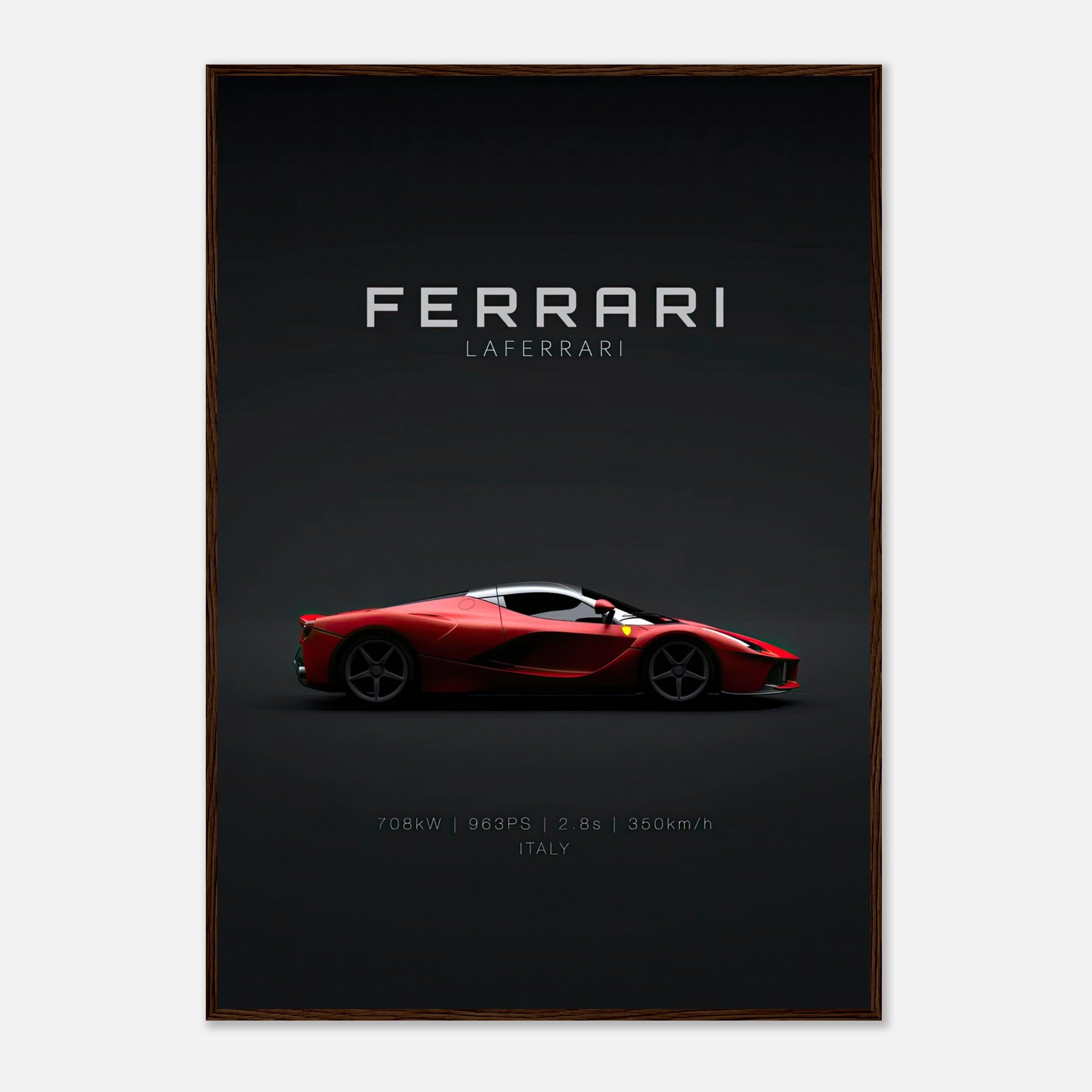 Ferrari Laferrari framed poster featuring a sleek red hypercar against a dark background, perfect for decor.