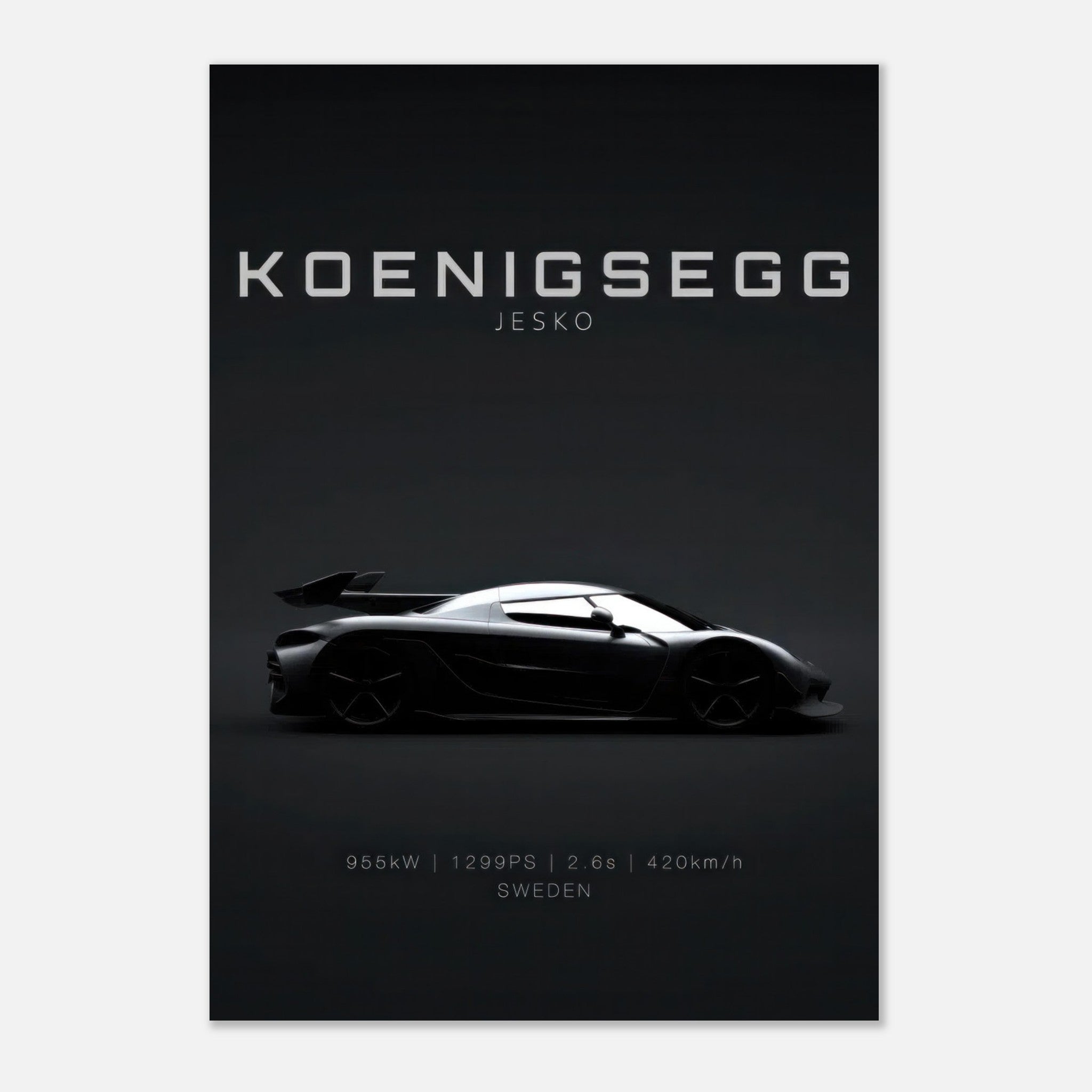 Koenigsegg Jesko metal print featuring sleek silhouette and technical specs on a minimalistic black background.