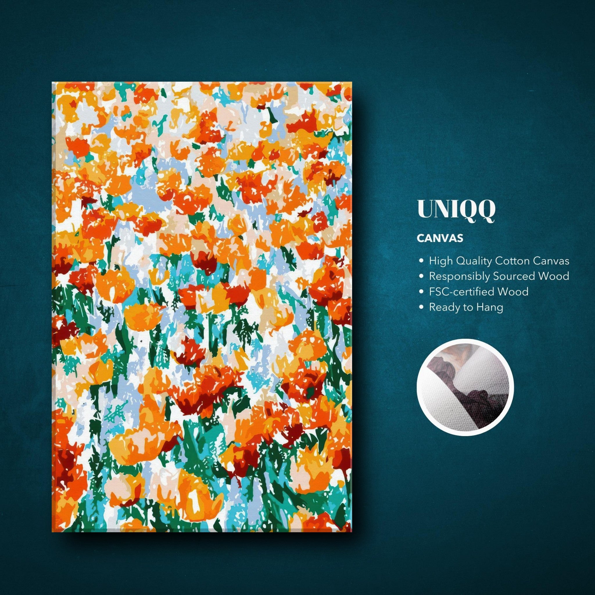 Abstract Floral Tulip Garden Canvas Print with vibrant orange and red tulips on a colorful background.