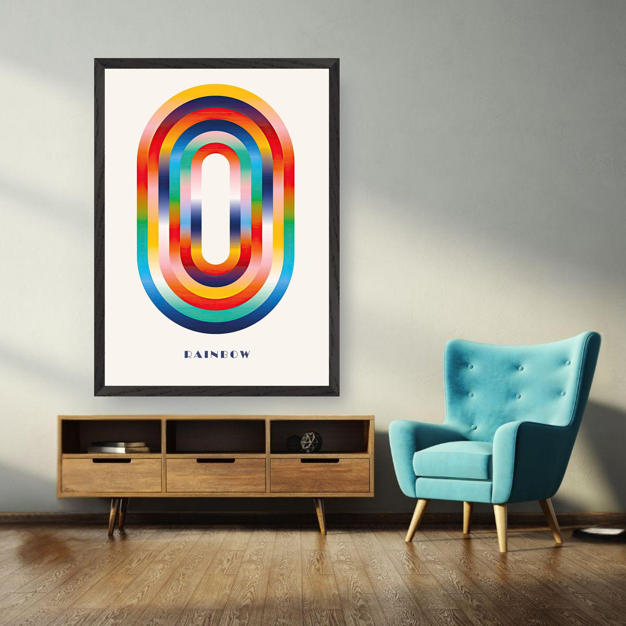 Abstract rainbow geometric art in a modern living room, featuring vibrant arcs and a stylish blue chair.