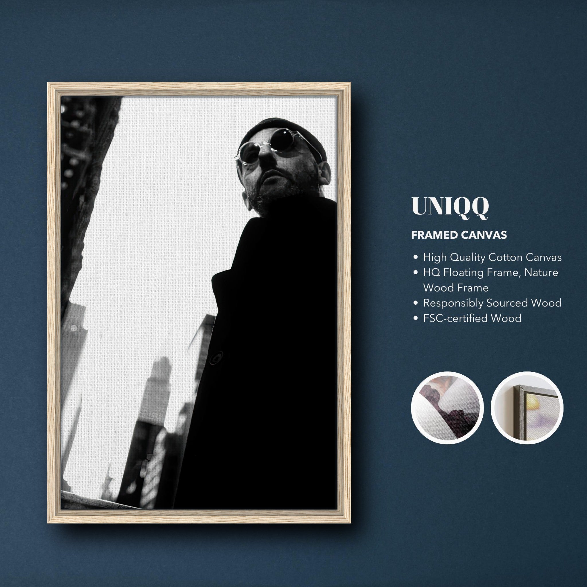 Framed canvas print of a man in sunglasses, showcasing a black-and-white design on high-quality cotton canvas.