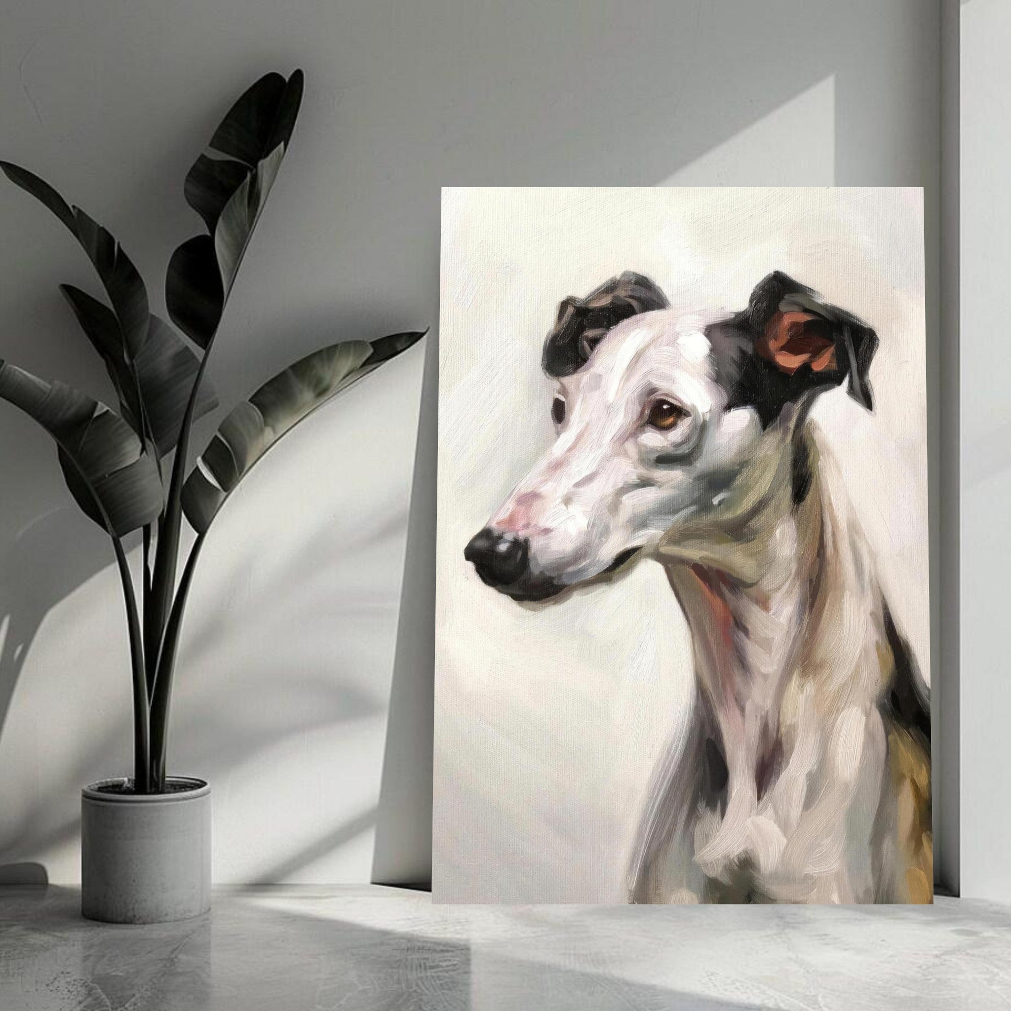 Greyhound dog painting in a painterly style displayed in a modern interior setting.