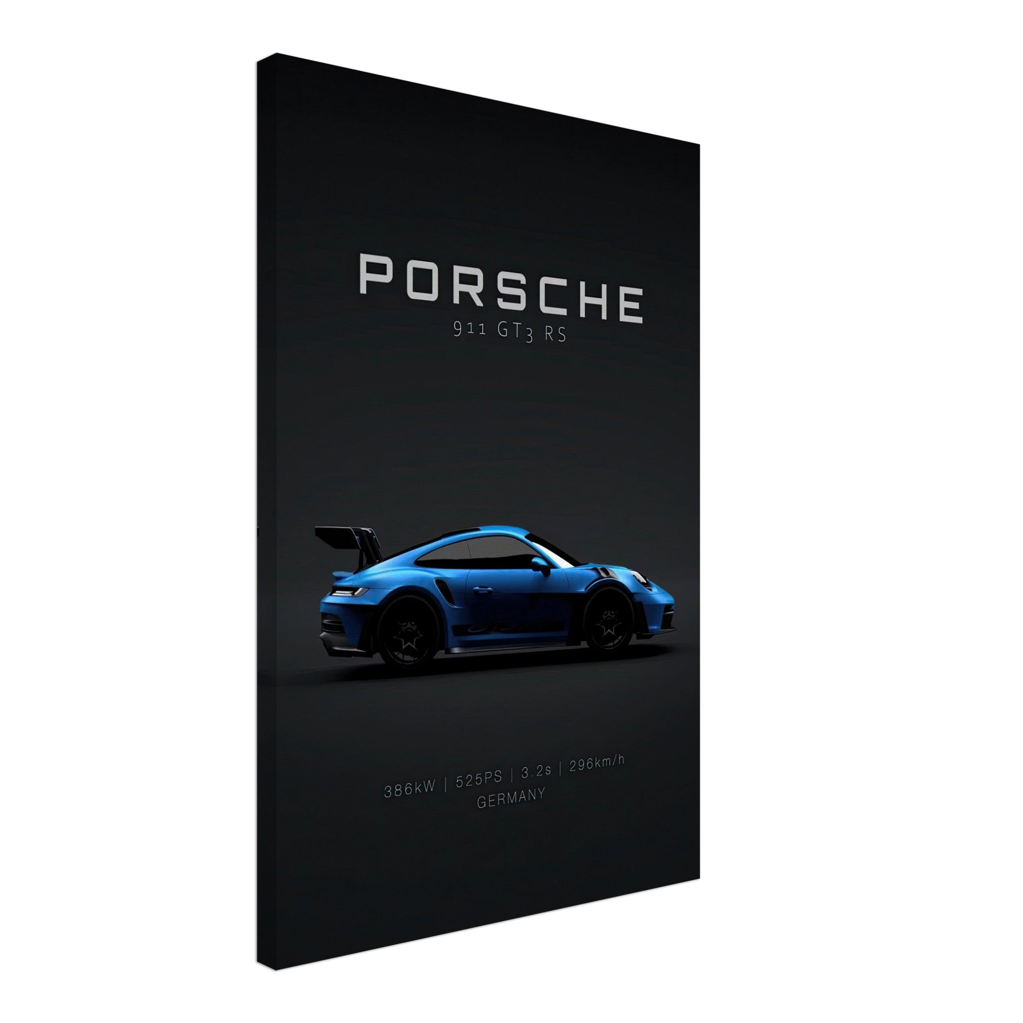 Porsche 911 GT3 RS canvas art, vibrant blue car on black background, 525PS power, 296 km/h top speed.