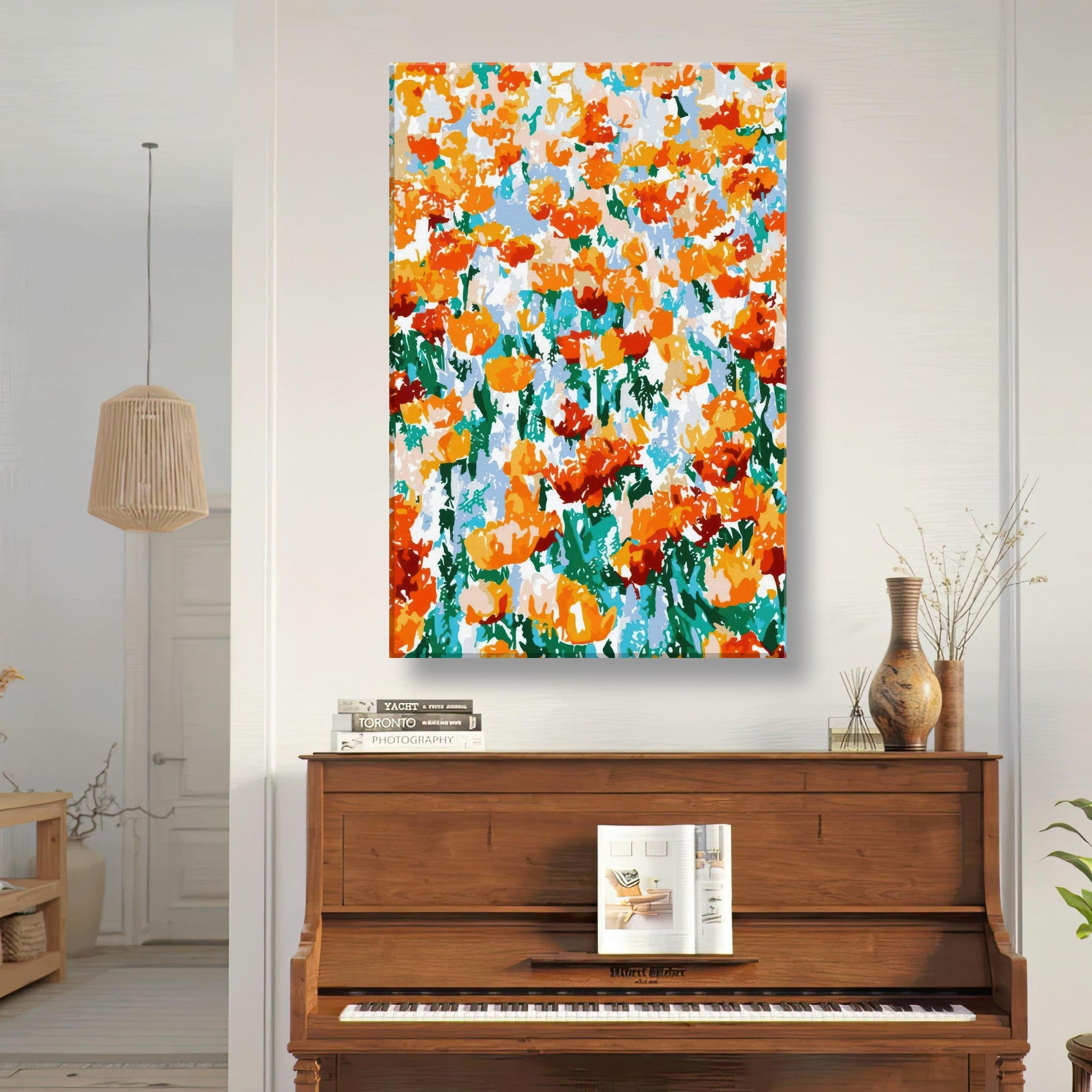 Vibrant abstract floral canvas print of orange and red tulips against blue and green background, enhancing modern home decor.