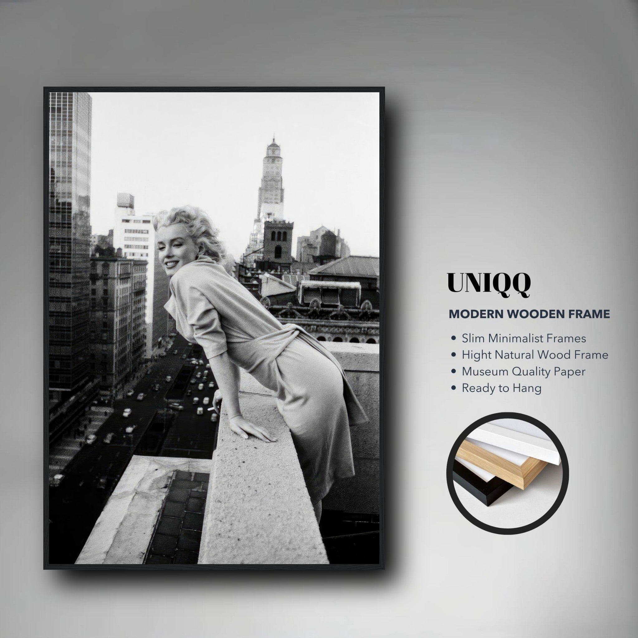 Marilyn Monroe framed print on rooftop in 1950s NYC, showcasing timeless elegance and style.
