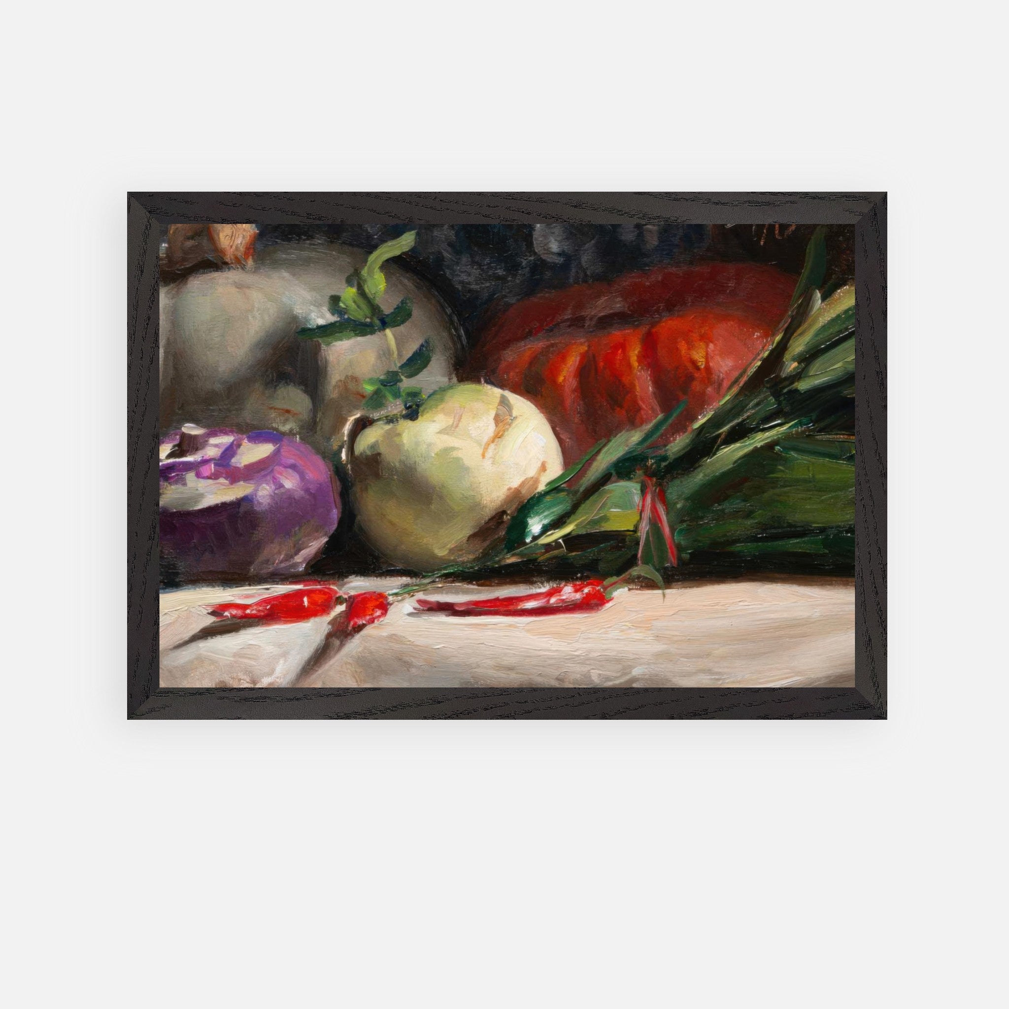 Oil painting of kohlrabi, pumpkins, and chilis in a rustic still-life arrangement.