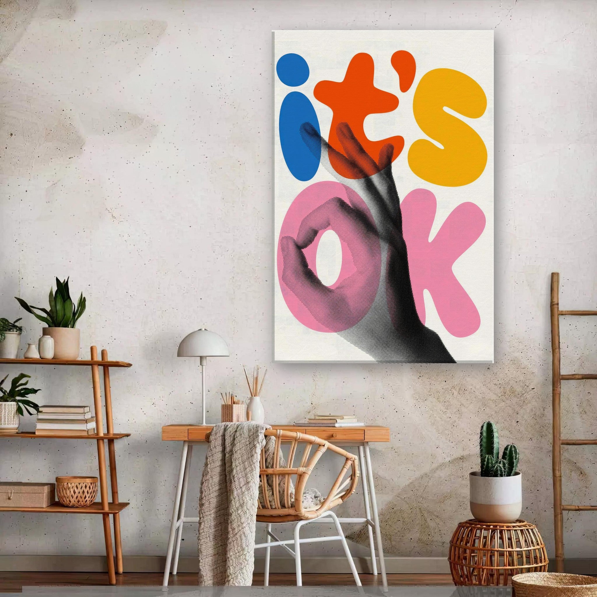 Retro abstract pop art canvas print featuring bold 'it's OK' lettering in orange, blue, and pink hues.
