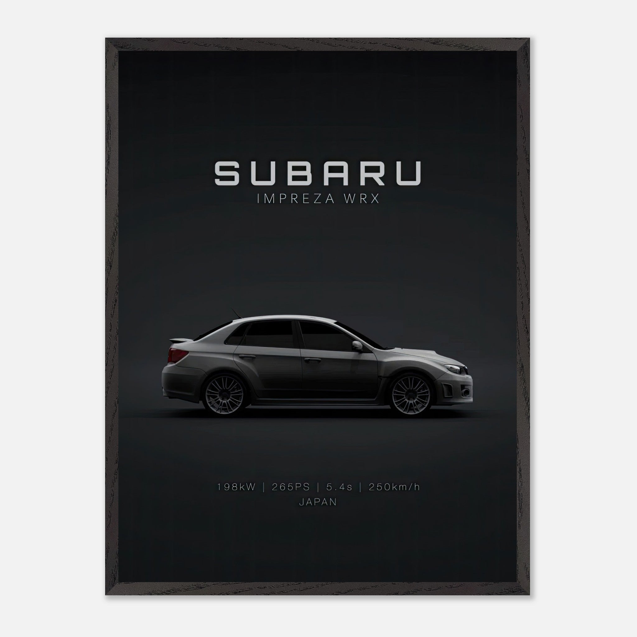 Subaru WRX vintage framed art showcasing a side profile of the iconic car against a dark backdrop.