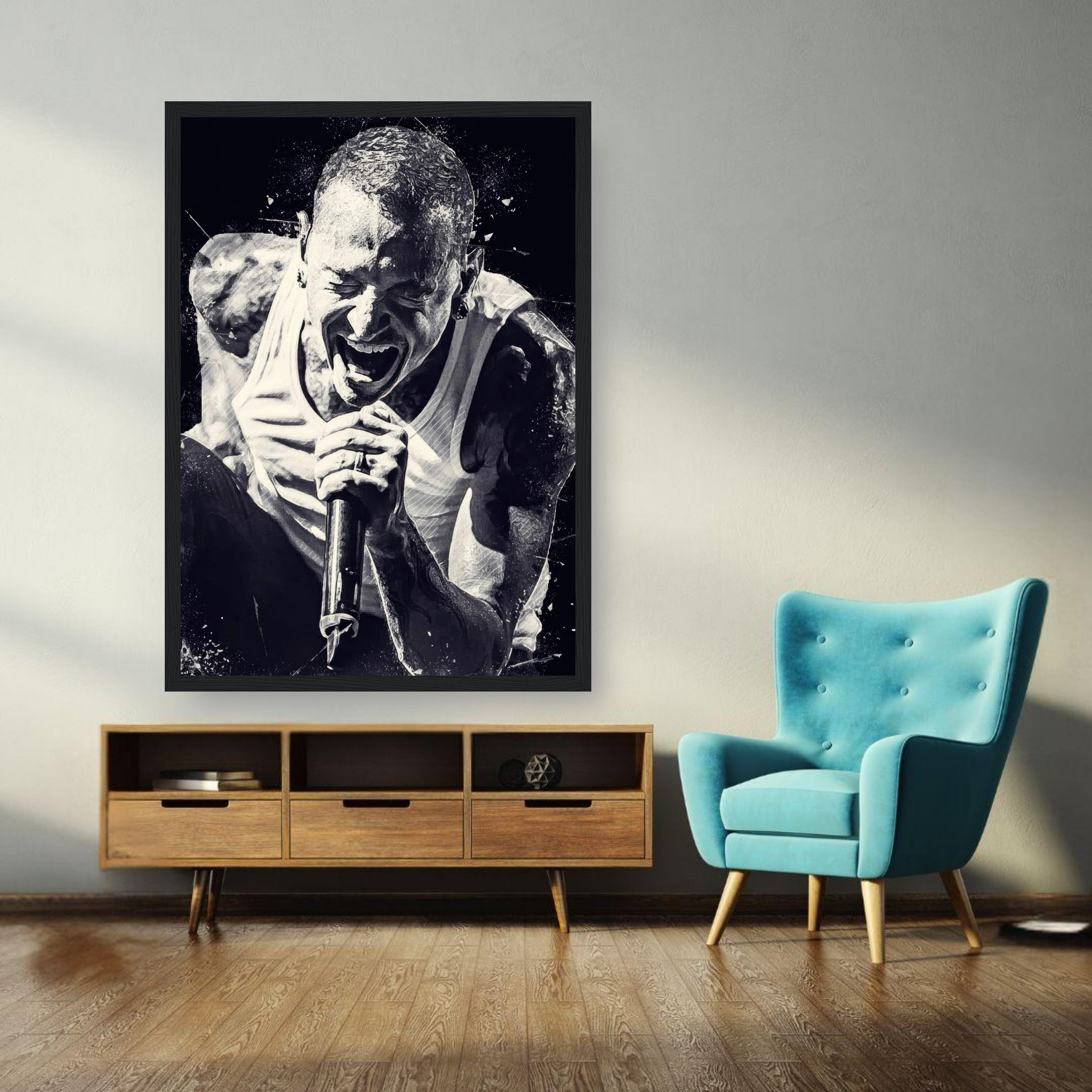 Chester Bennington framed print poster showcasing powerful black-and-white artwork in stylish living room setting.