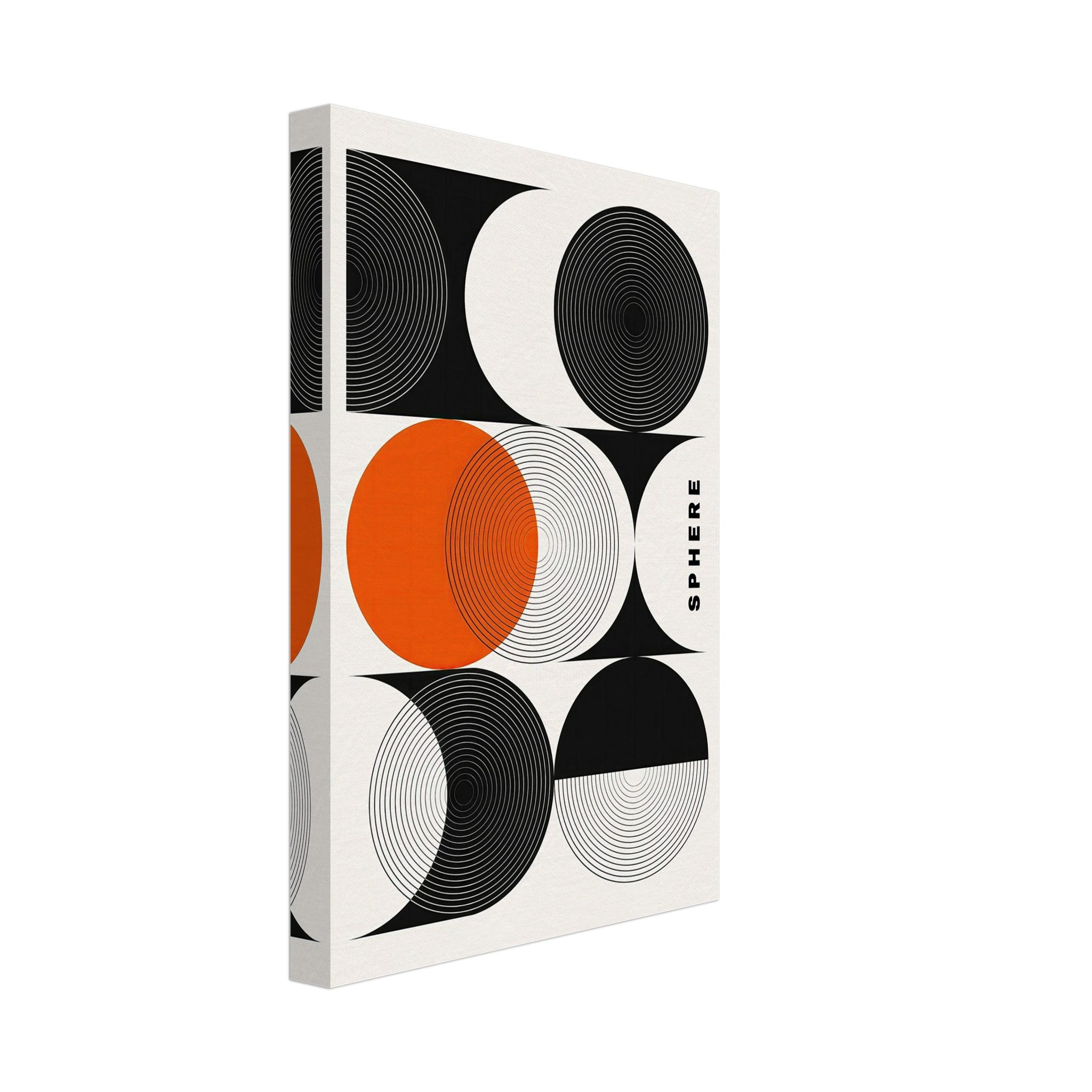 Abstract Geometric Sphere Art Canvas Print featuring bold black, white, and orange circular patterns.