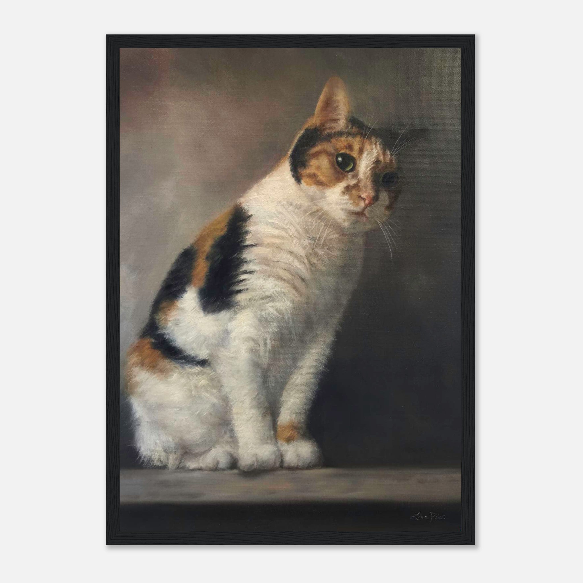 Realistic cat portrait painting framed print showcasing a detailed depiction of a calico cat's soulful expression.