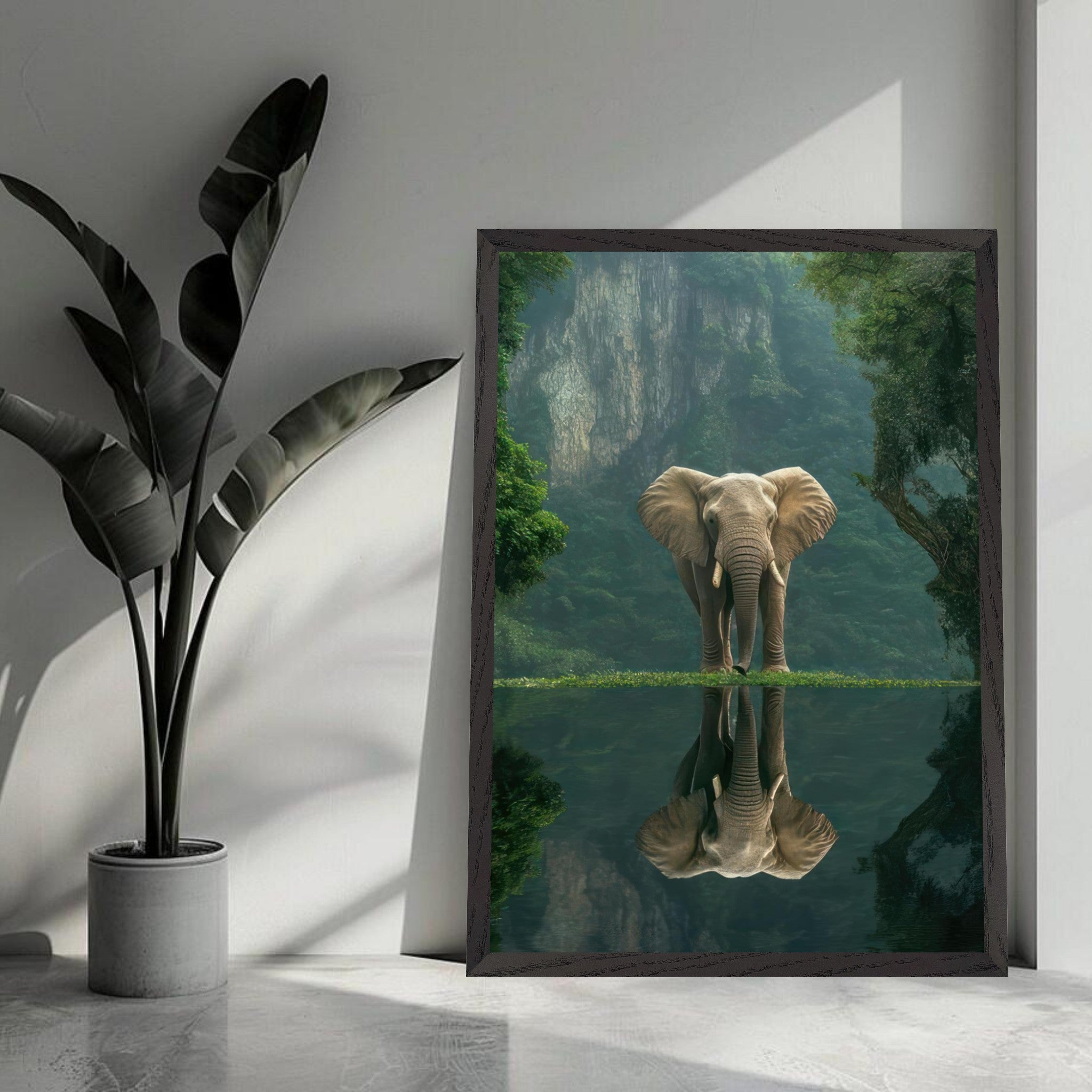 Majestic jungle elephant portrait reflecting in water, surrounded by lush greenery - museum quality fine art.