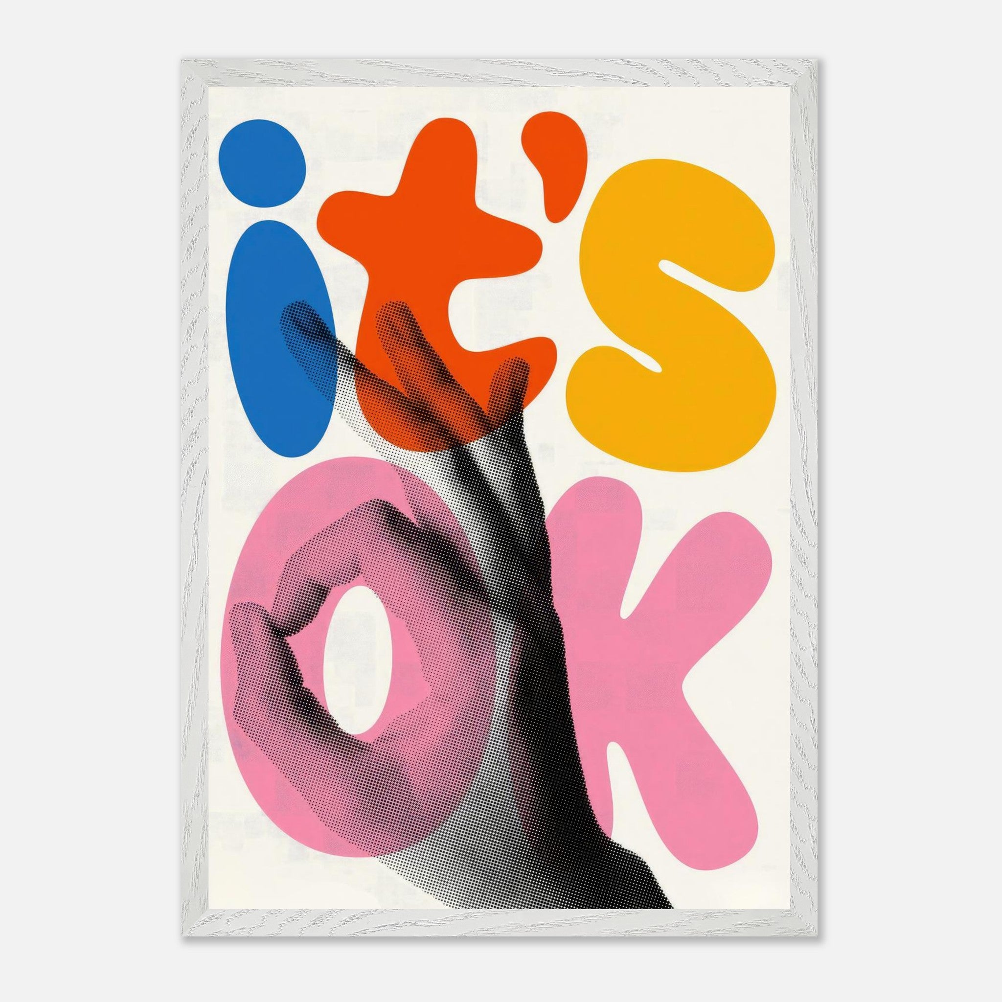 Retro abstract pop art print featuring the text 'it's OK' and a hand gesture in vibrant colors.