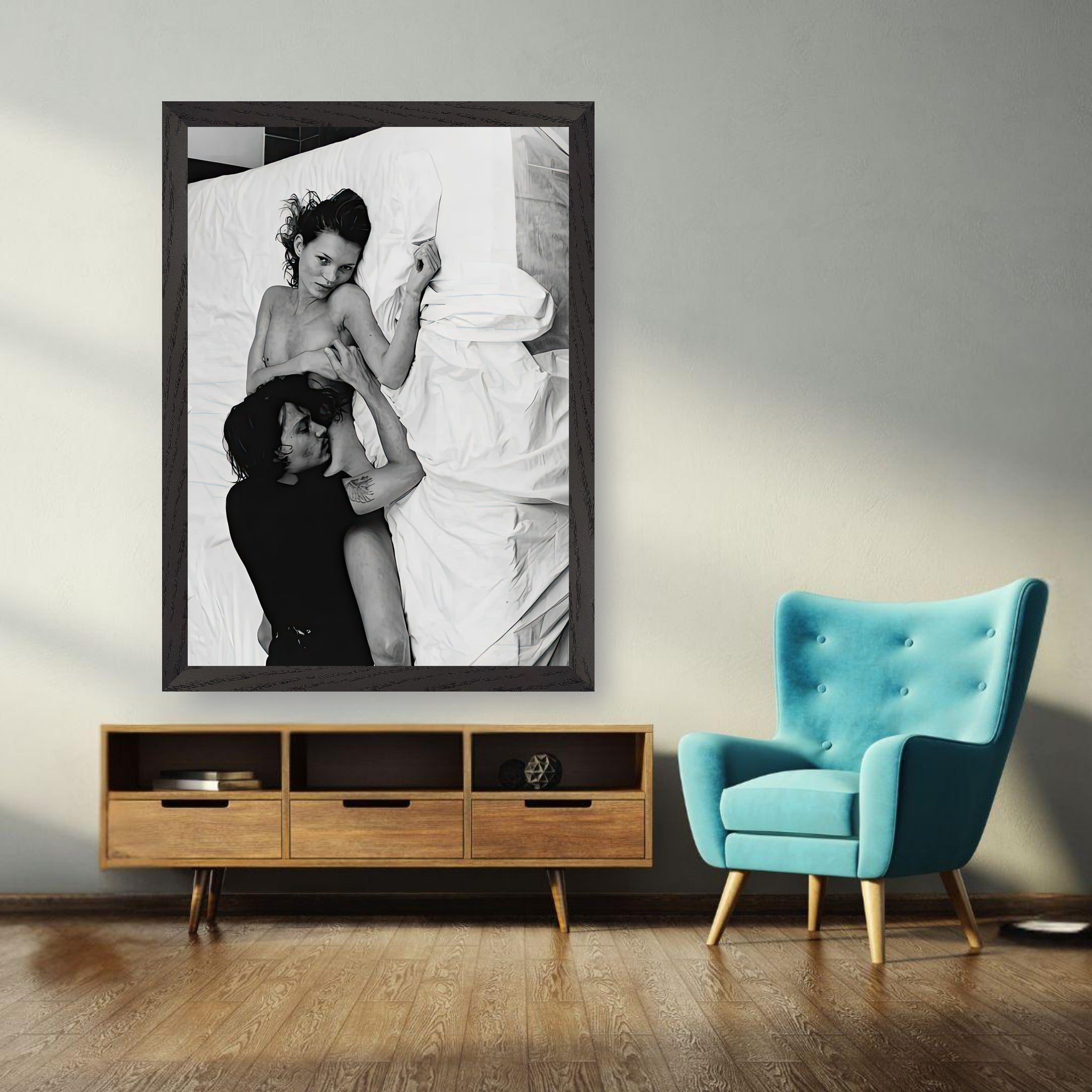 Vintage black-and-white print of Kate Moss and Johnny Depp in New York, 1994, displayed in a modern living room.