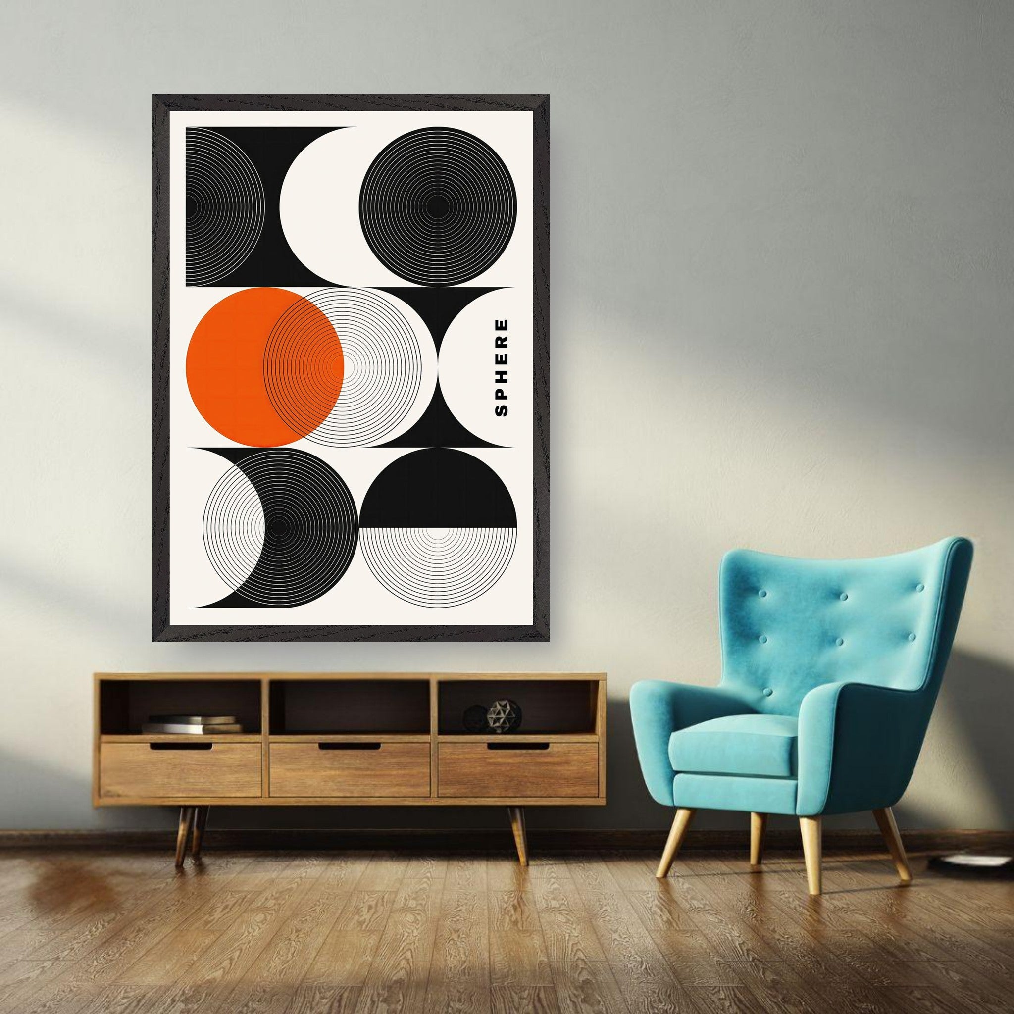 Abstract geometric sphere art print with concentric circles in black and orange, displayed in a modern living room.