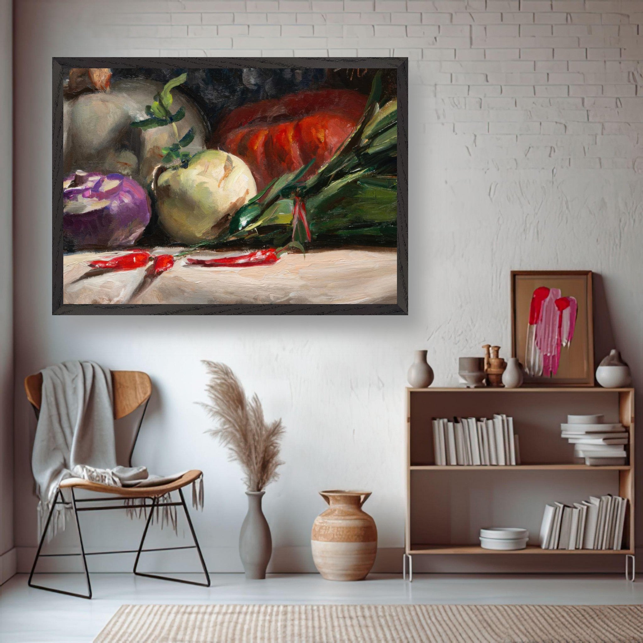 Oil painting of kohlrabi, pumpkins, and chilis in a rustic kitchen setting, showcasing vibrant colors and textures.